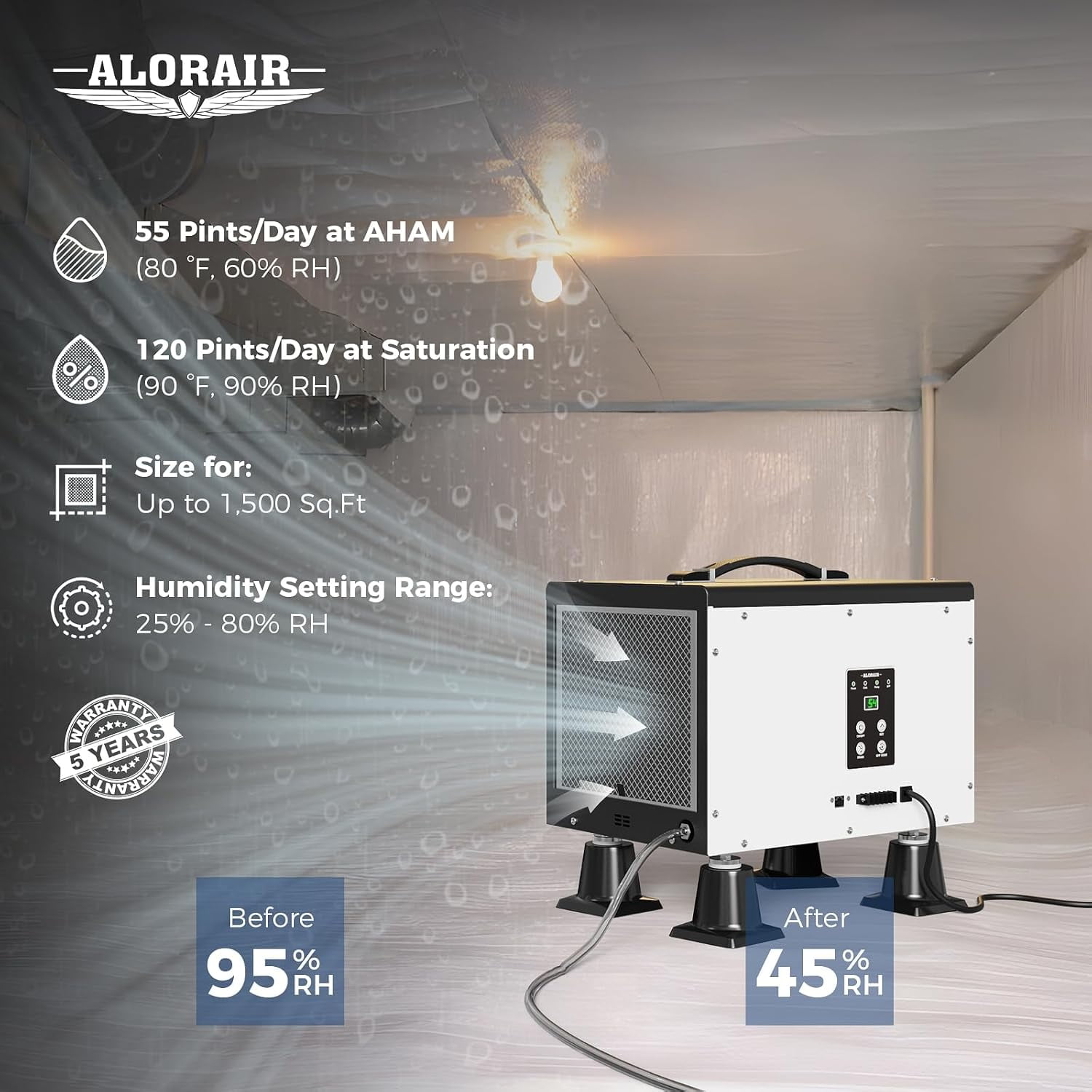 AlorAir Crawl Space Dehumidifier, 120 PPD Commercial Basement Dehumidifier with Pump and Drain Hose (White, 17.64 x 11.69 x 11.85 in) ev0bq