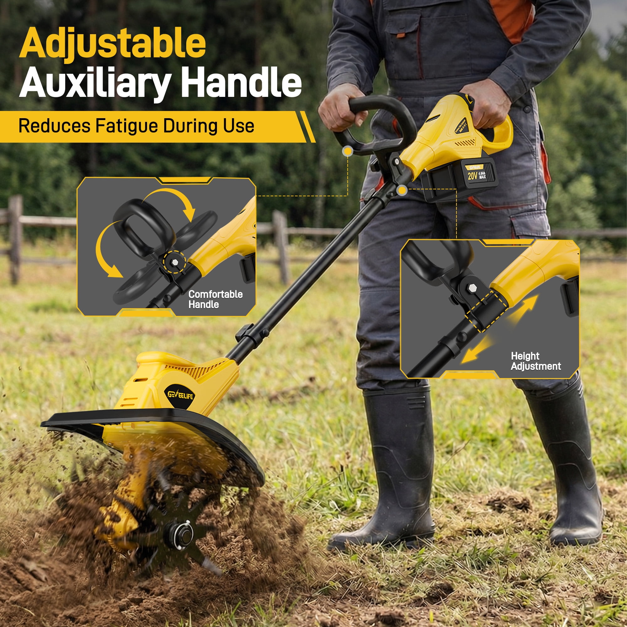 GEVEELIFE 20V Cordless Tiller Cultivator, Brushless Motor with Dual 4.0Ah Batteries (12 in Width, 8 in Depth) qx4j6