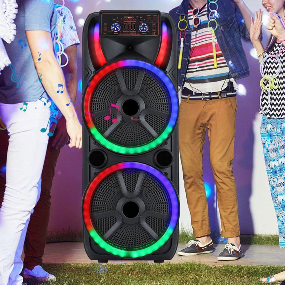 Lohoms Dual 15 in Karaoke Speaker System with 2 Wireless Microphones, Portable Bluetooth Party Box with LED Lighting (Black, 15 in) 3blbz
