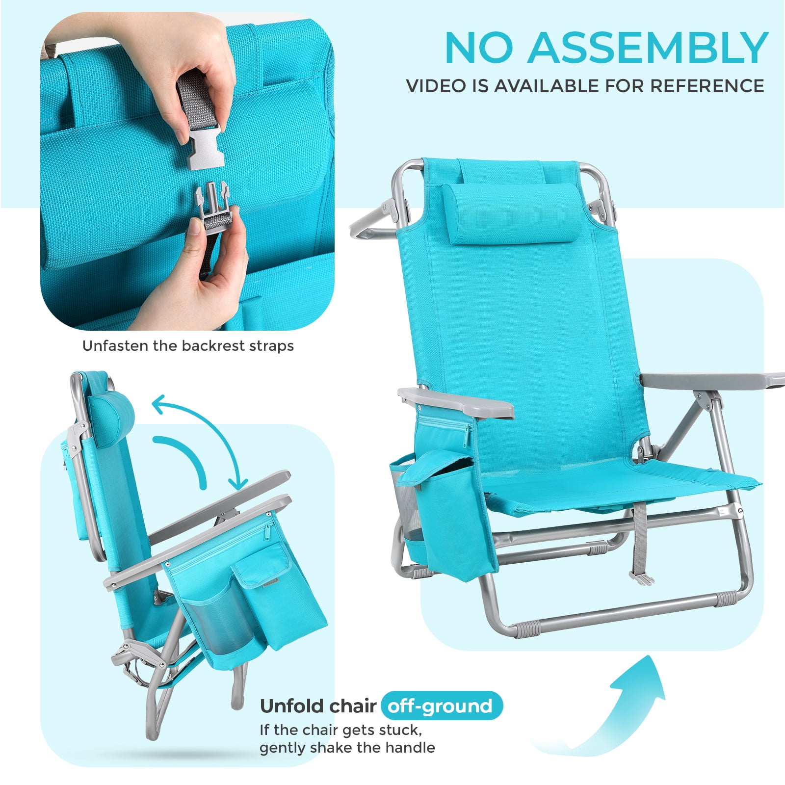 Pirecart Foldable Backpack Beach Chair with 5-Position Recline, Cooler Pouch, and Headrest (Sky Blue, 25 in Wide) 0mr13