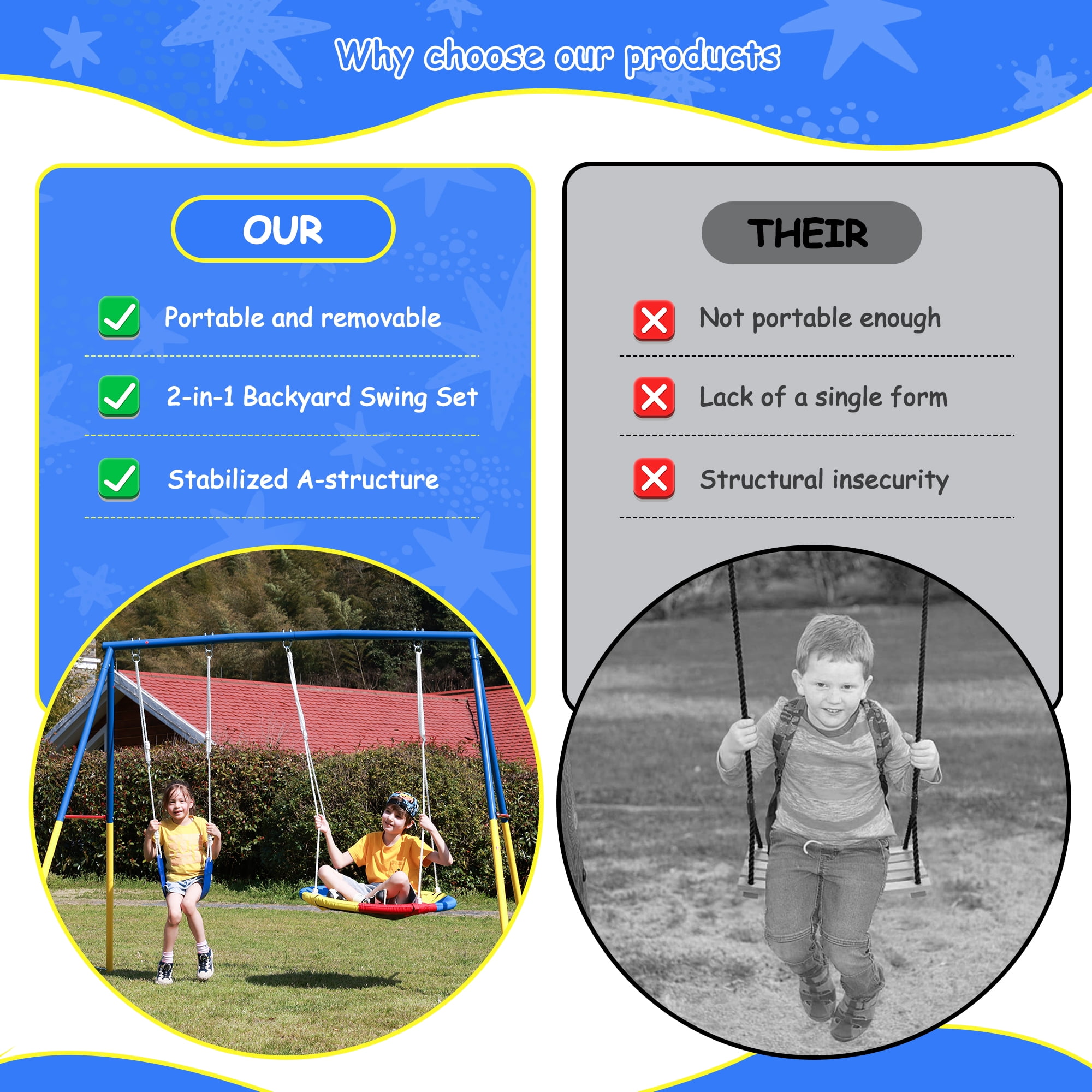 Mersco 2-in-1 Outdoor Swing Set with Heavy-Duty Metal Stand (Blue, 440 lb Capacity) ur5kq