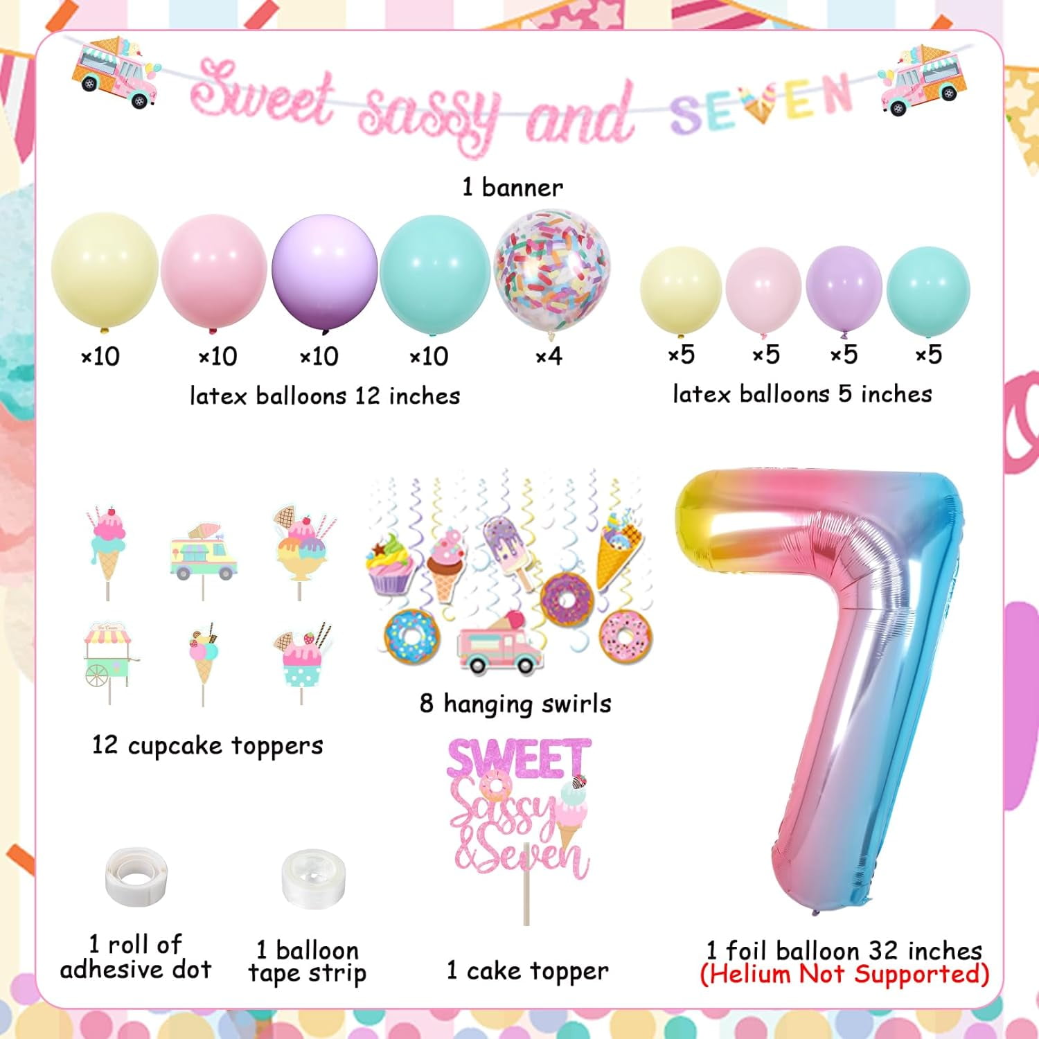 Cheereveal Ice Cream 7th Birthday Party Decoration Set, Sweet Sassy and Seven Banner, Balloon Garland Arch Kit (Yellow, 87 Piece Set) oblx7