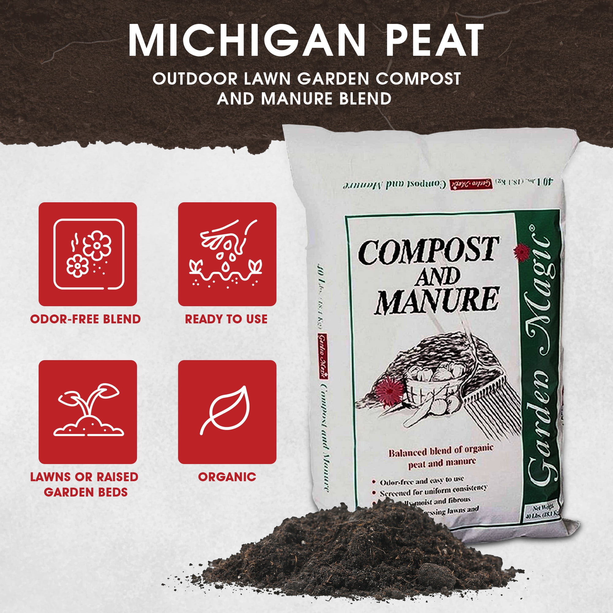 Michigan Peat Garden Compost and Manure Blend (Natural Organic Soil Amendment, 40 lb Bag, 10 Pack) 826pj