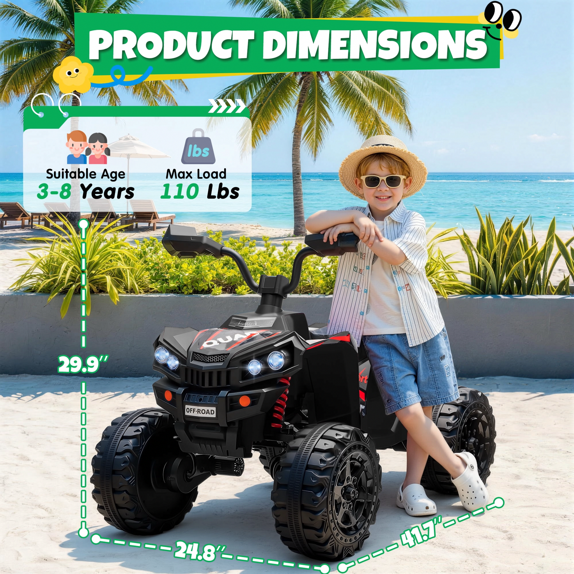 JOYRACER 24V Electric Ride On ATV for Kids, 4WD Quad with LED Lights and Bluetooth (Black, 110 lb Capacity) ae1ad