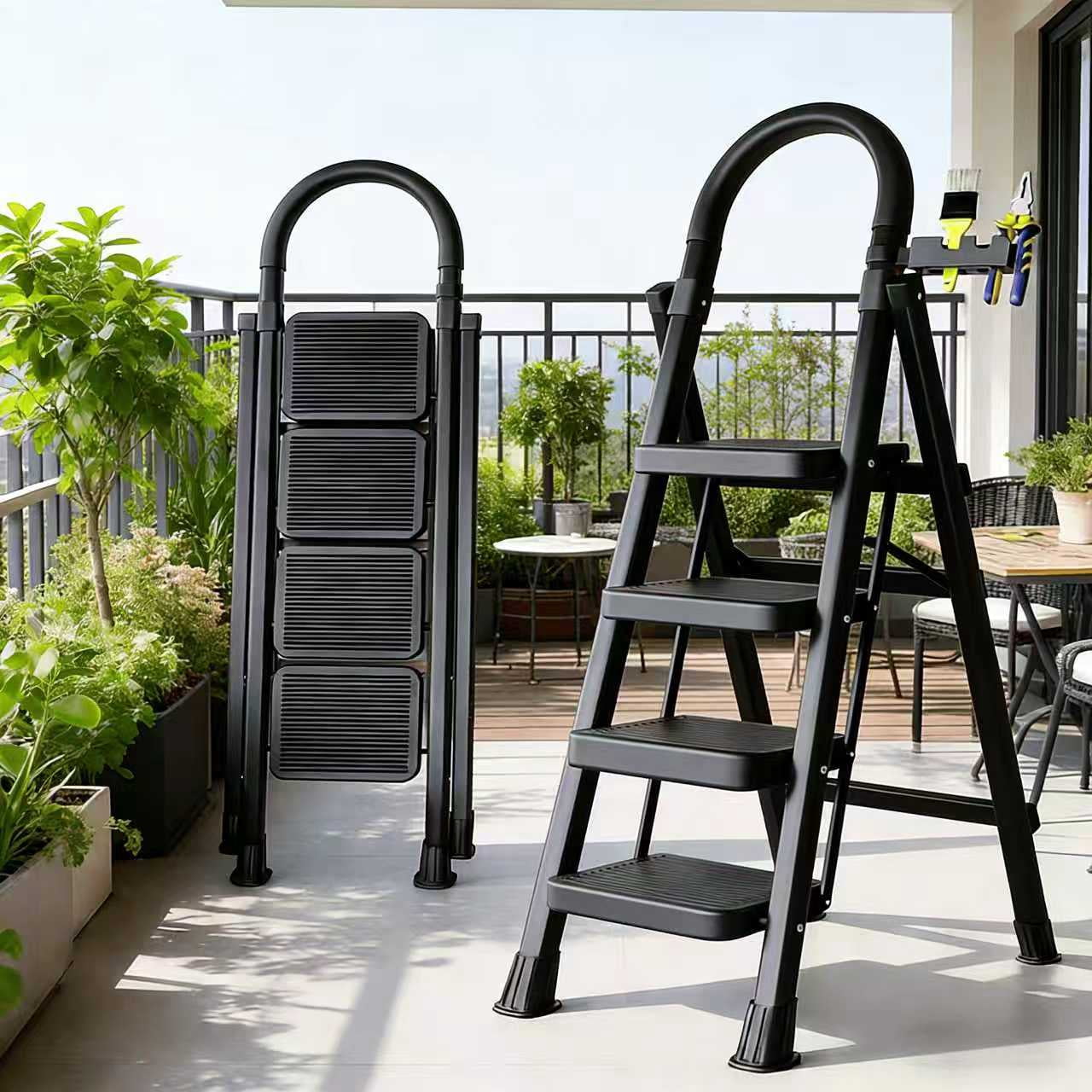 Generic 4-Step Folding Ladder, Heavy-Duty Steel Utility Step Stool with Non-Slip Wide Pedals (Black, 47.2 in) 4xblc