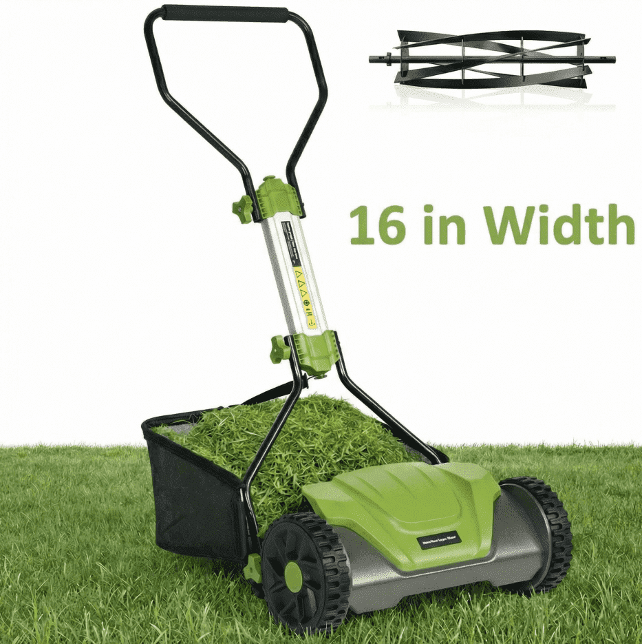 Naipo Manual Push Reel Lawn Mower, 16-in Cutting Width, 5-Blade System, 6 Adjustable Heights, Includes 8-Gallon Grass Catcher (Green) 9na7t