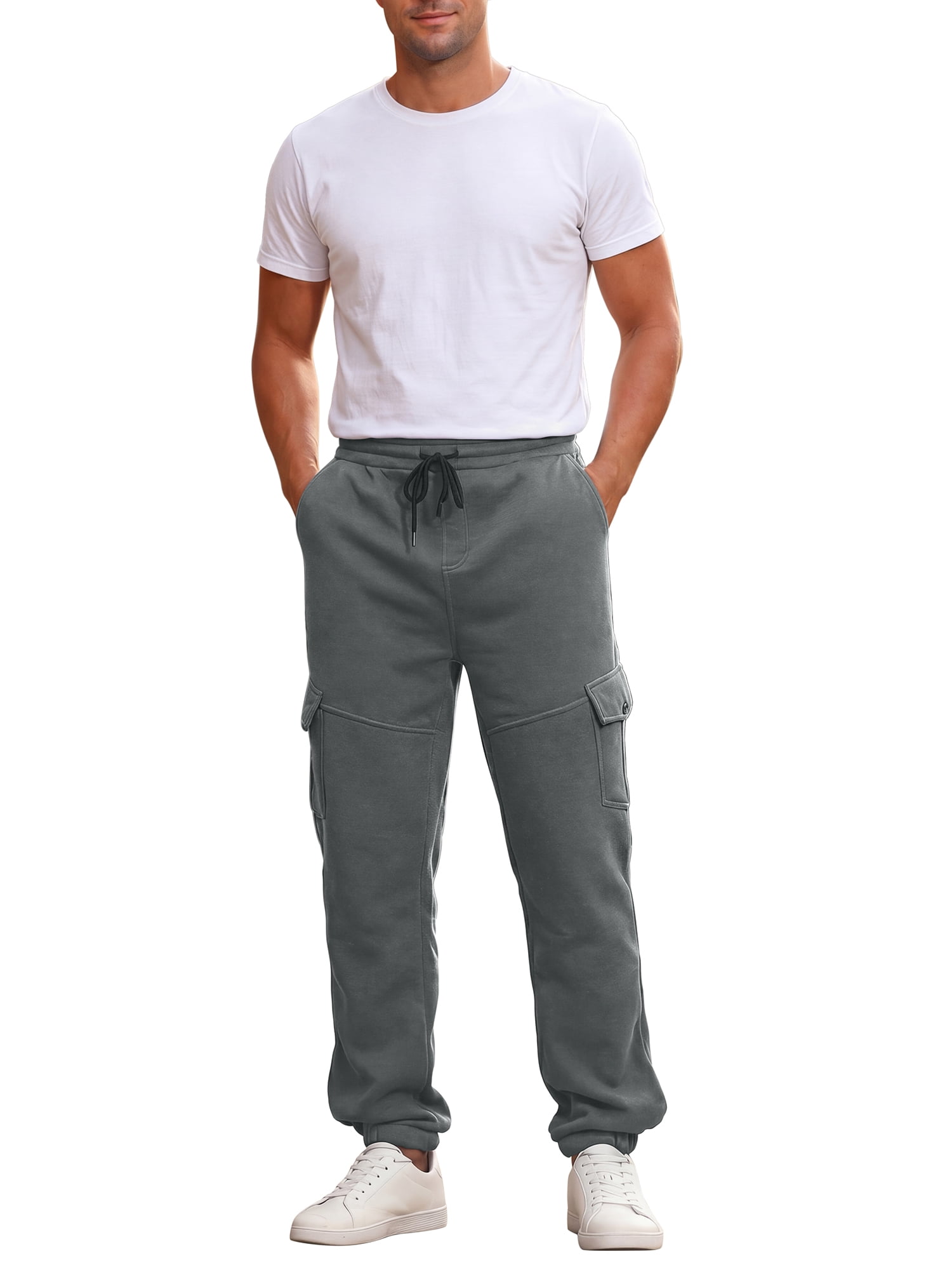 INSPIRE CHIC Men's Fleece Lined Cargo Sweatpants with Drawstring Waist and Multiple Pockets (Gray, 30 in) noc3n