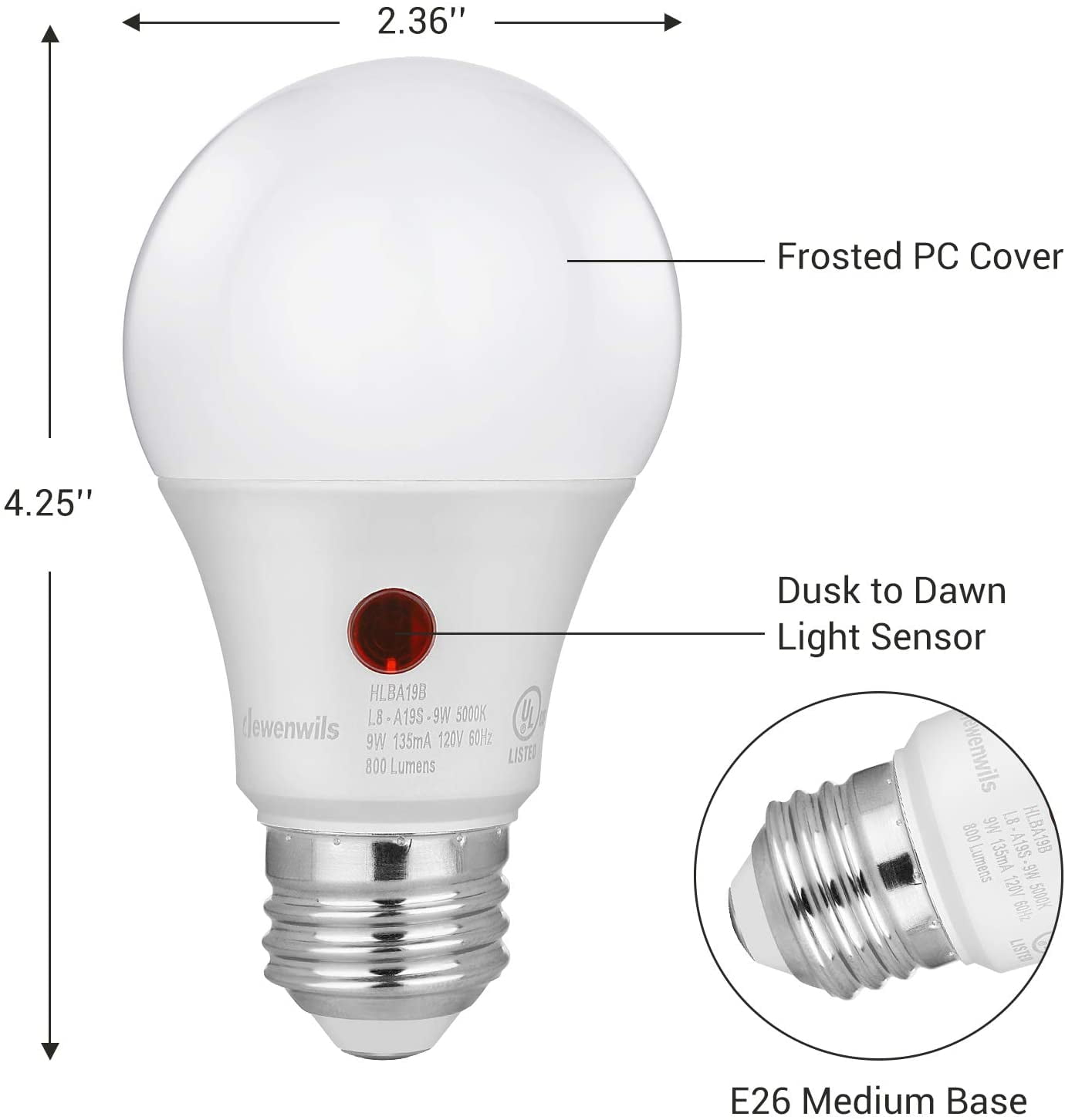 DEWENWILS Dusk to Dawn LED Light Bulbs 5000K Daylight Outdoor Lighting (4-Pack, 9W) lmo28