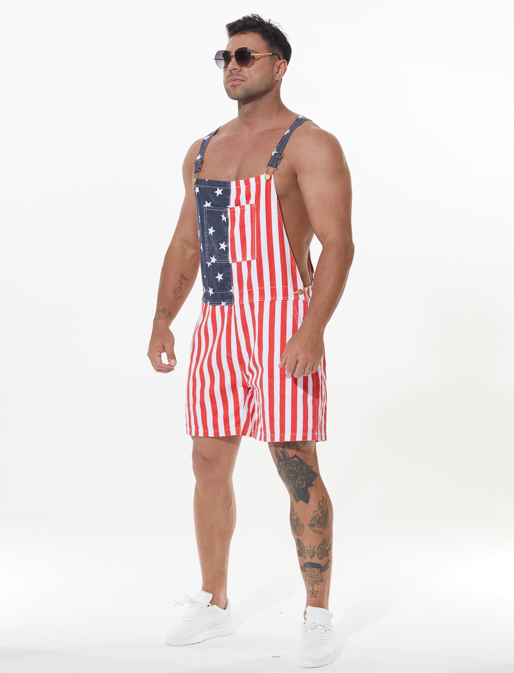 Yuanbang American Flag Denim Bib Overalls Shorts Patriotic Jumpsuit Romper for Men (Red White Blue, XL) gwvmk