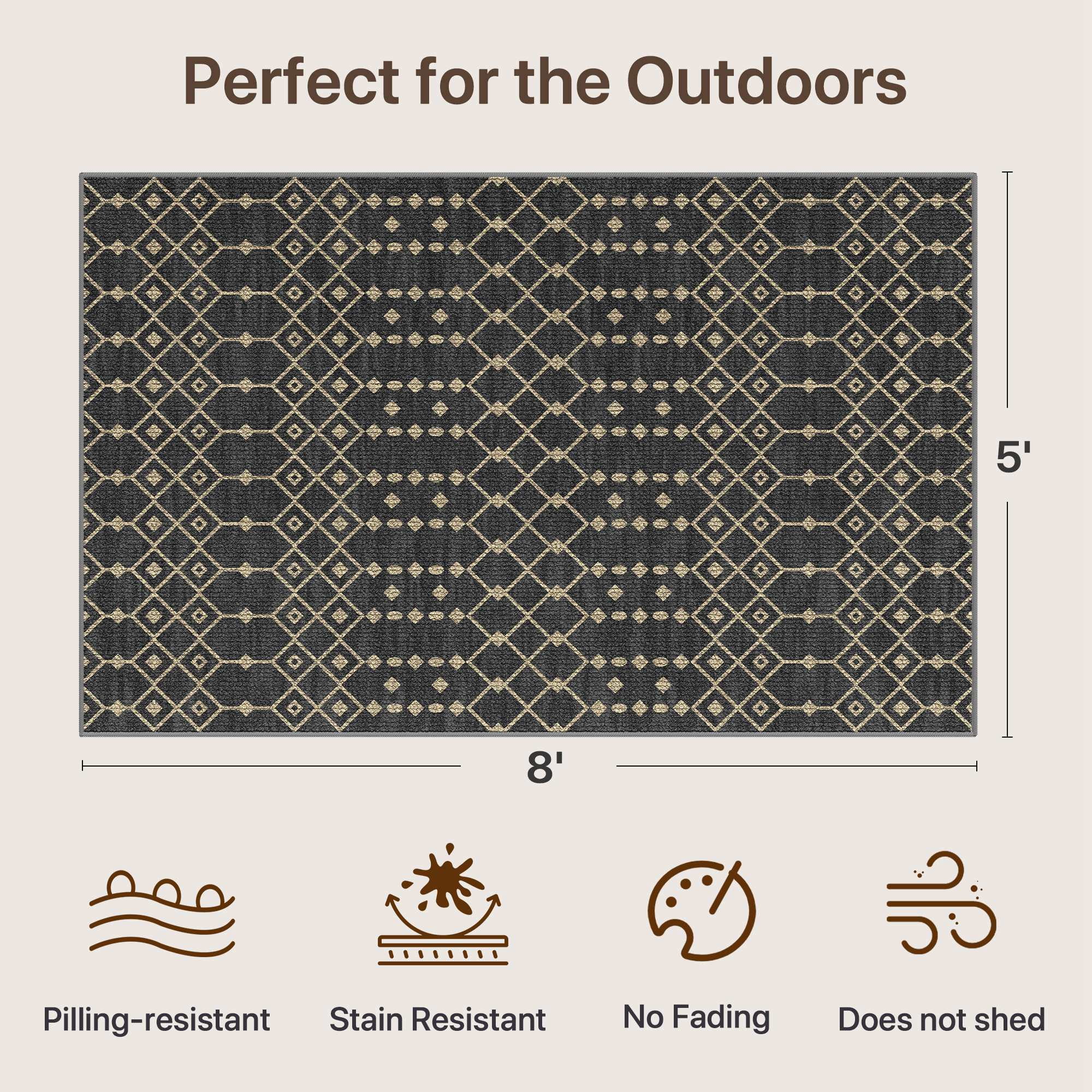 DEORAB Outdoor Rug (Black & Beige, 5 ft x 8 ft) Washable UV-Resistant Patio Deck Carpet 1u2r2