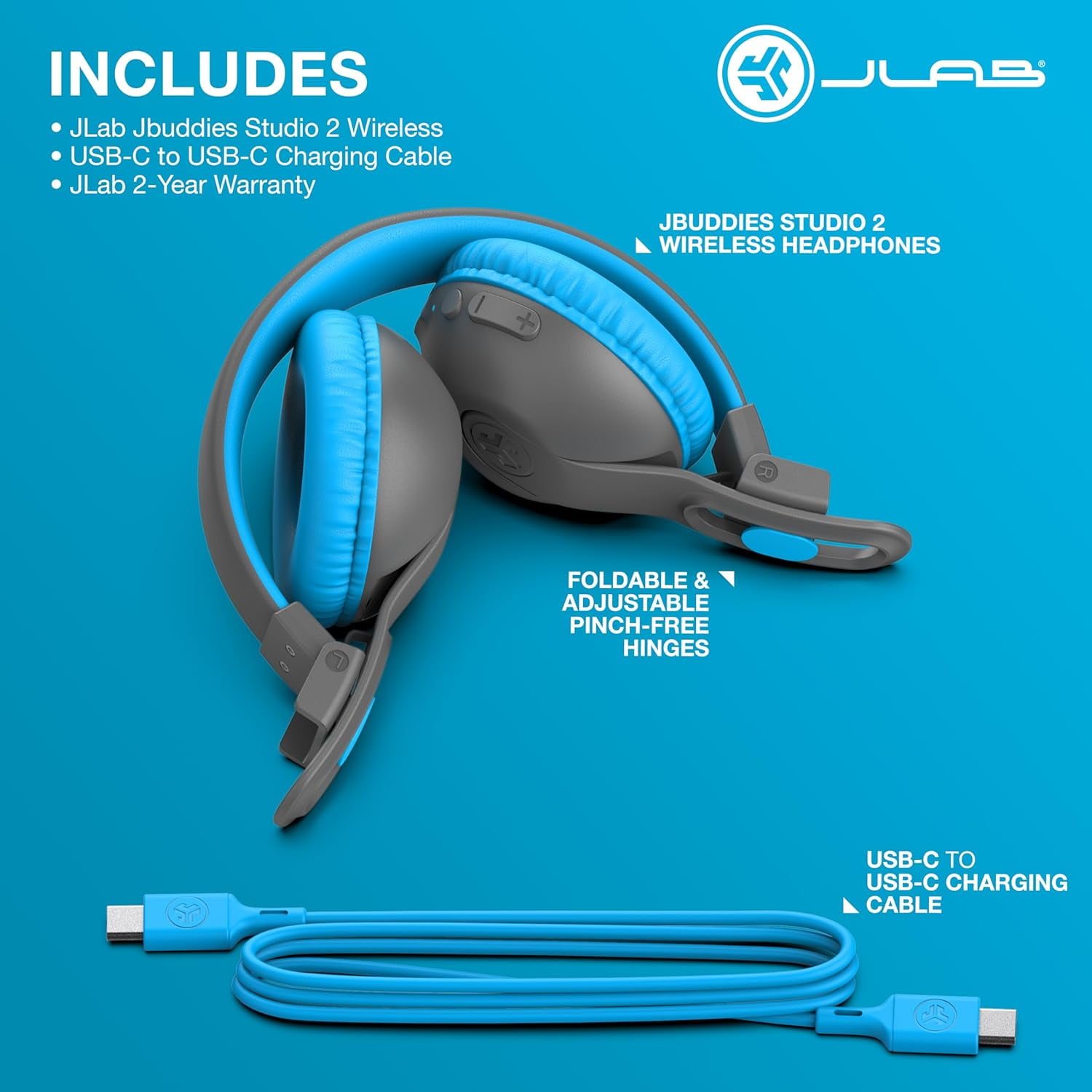 JLab JBuddies Studio 2 Kids Wireless Headphones, Volume Safe, Foldable, Noise Isolation, Built-in Mic (Blue/Graphite, 1 Pair) zexnu