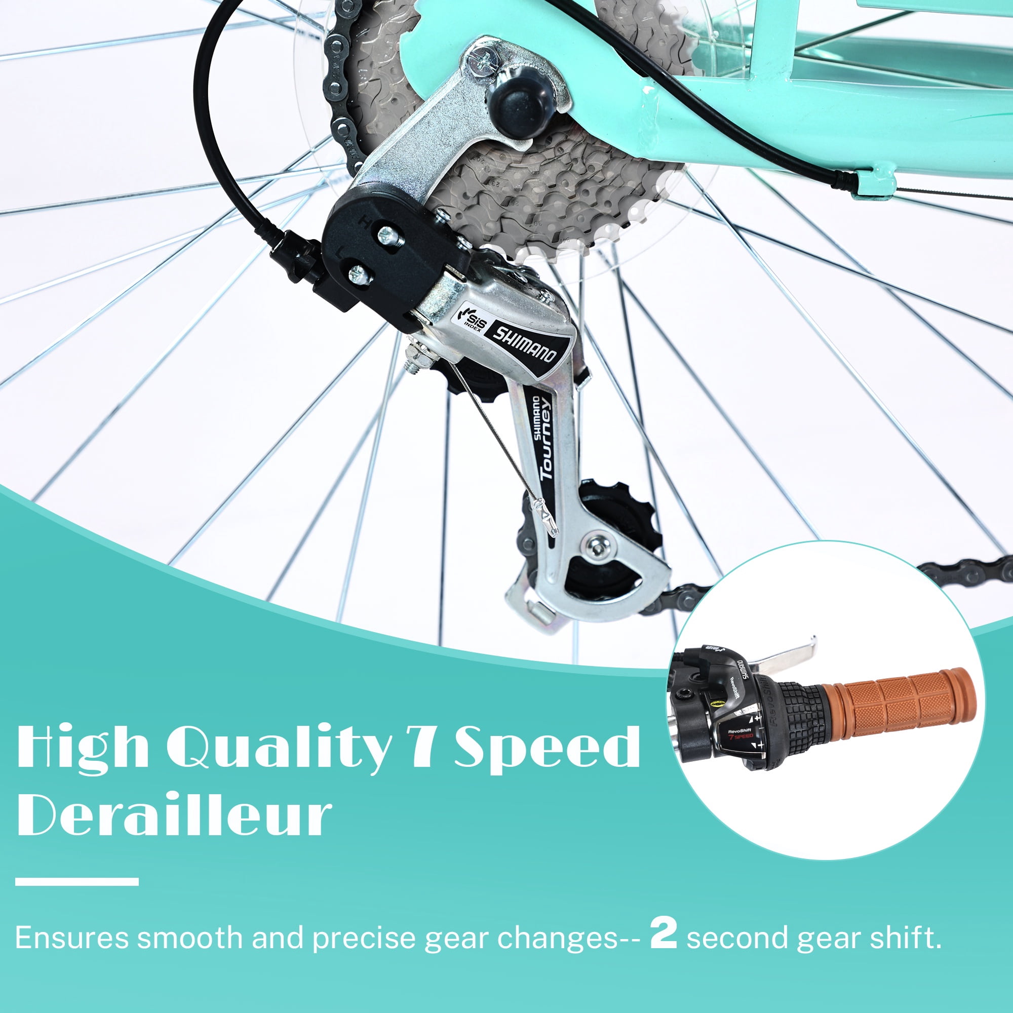 iYofe 26 in Women's Beach Cruiser Bike, 7-Speed Hybrid Commuter Bicycle with Dual Brakes and Rear Seat (Cyan, 26 in) udhm8