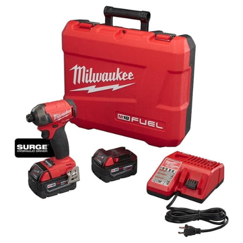 Milwaukee M18 FUEL SURGE 1/4 in. Hex Hydraulic Driver Kit with (2) 5.0Ah Batteries, Charger, and Carrying Case t6kan