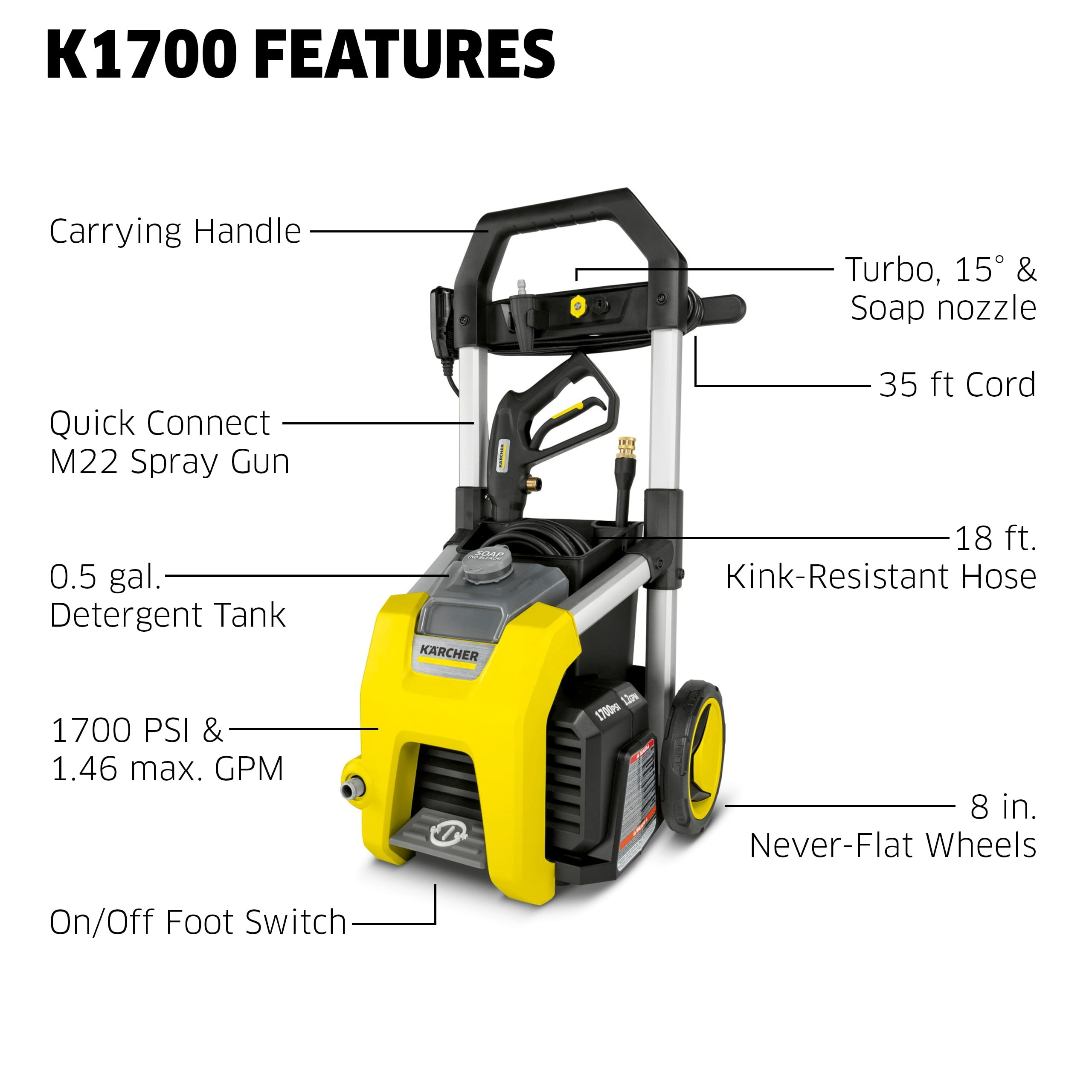 Karcher K1700 Electric Pressure Washer with Detergent Tank and 3 Spray Nozzles (1700 PSI, 1.2 GPM) tm7ar