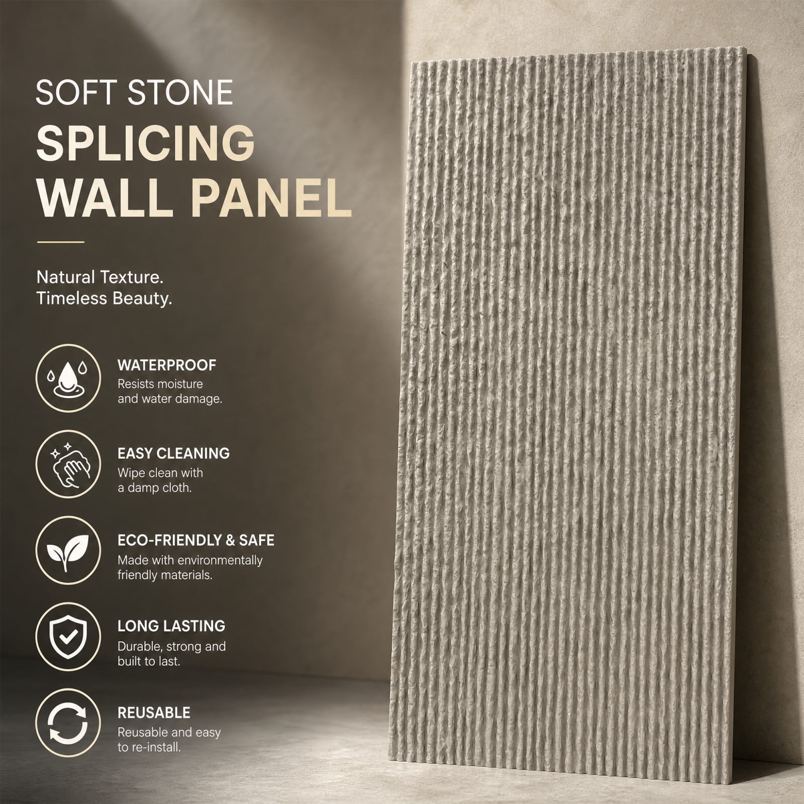 BEAUTYPEAK 3D Faux Stone Wall Panels, Modern Fluted Texture Decorative Siding (Cement Grey, 48 in x 24 in, 4 Pack) d7h01