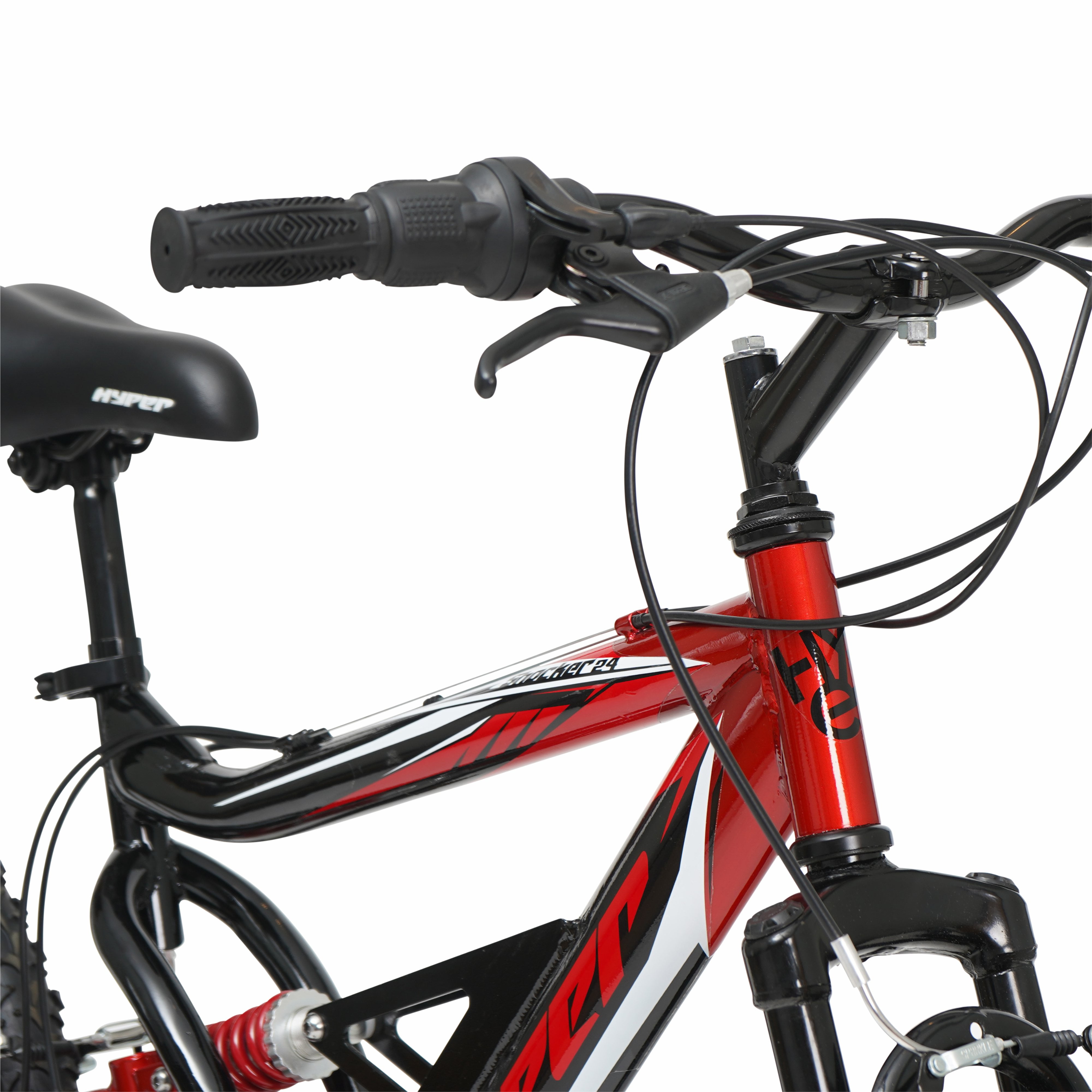 Hyper Bicycles Shocker Mountain Bike, Full Suspension, 18-Speed, Durable Steel Frame (Black/Red, 24 in) 1q8gl