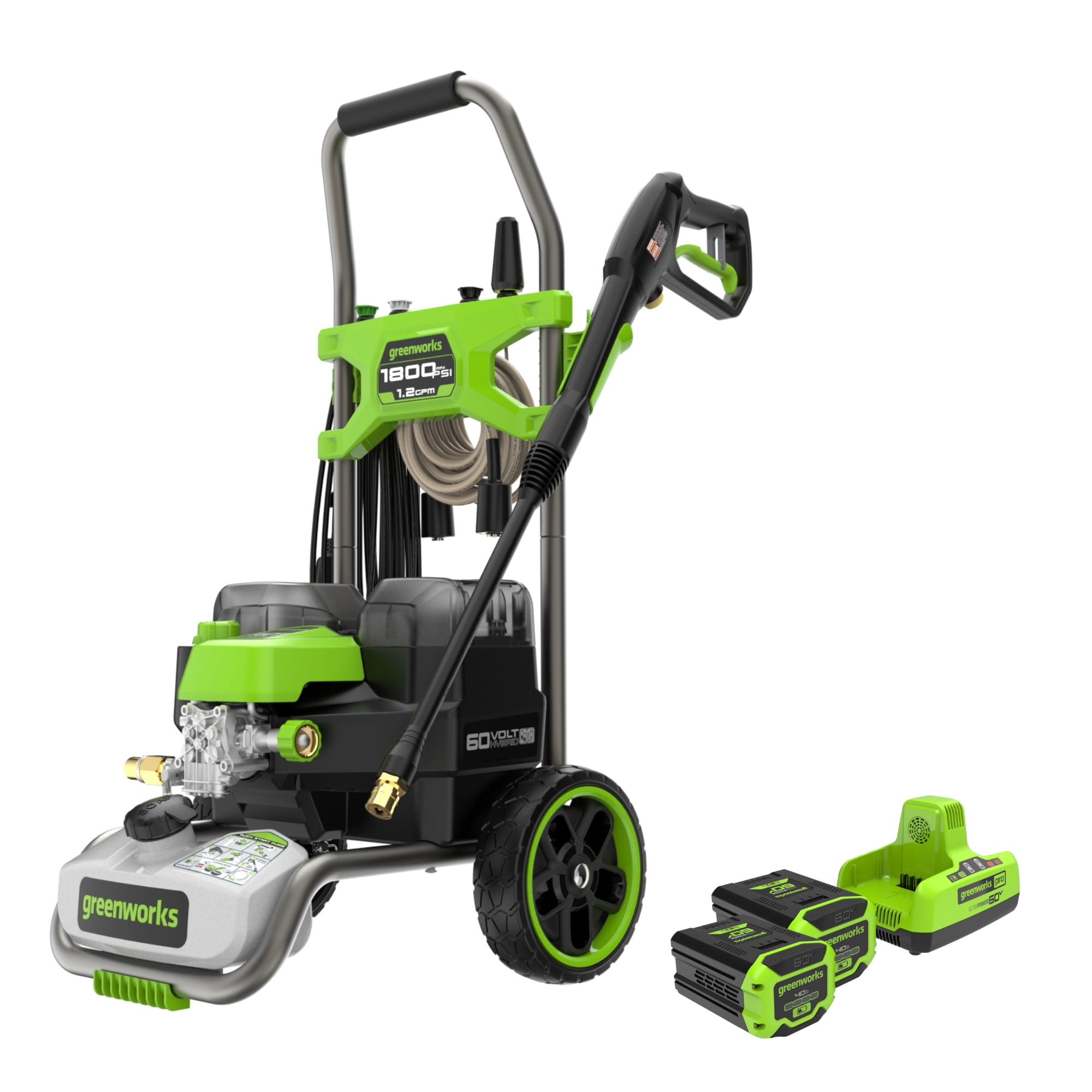 Greenworks 60V Hybrid Electric Pressure Washer (1800 PSI, 1.2 GPM, Includes 2 Batteries and Charger) s6wxl