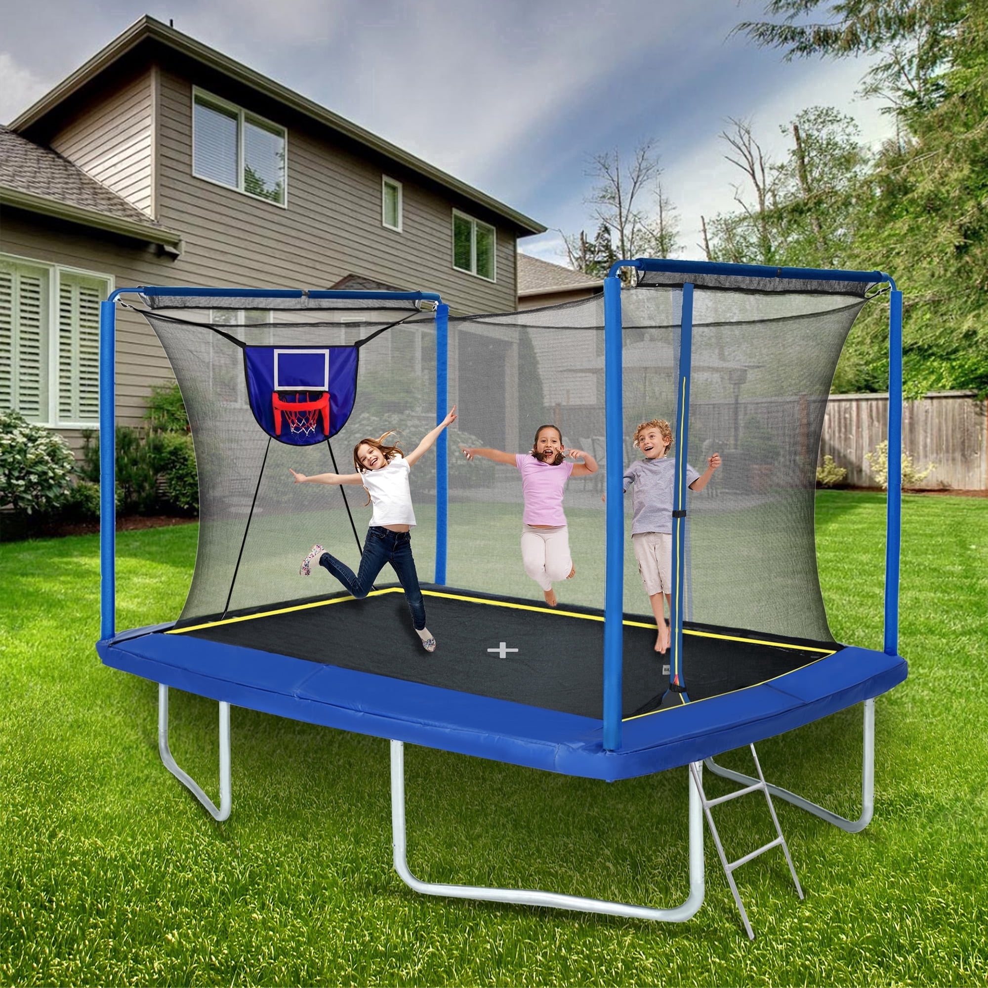 SUNRINX 8x12 ft Rectangular Trampoline with Basketball Hoop and Ladder (Blue, 8x12 ft) 79wdu