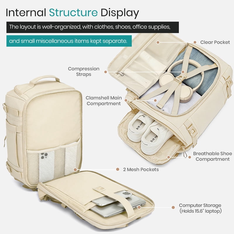 Joyway Travel Backpack Large Capacity Carry On Weekender Bag with Shoe Compartment and Laptop Sleeve (Beige, 18 in x 12 in x 8 in) 750ao