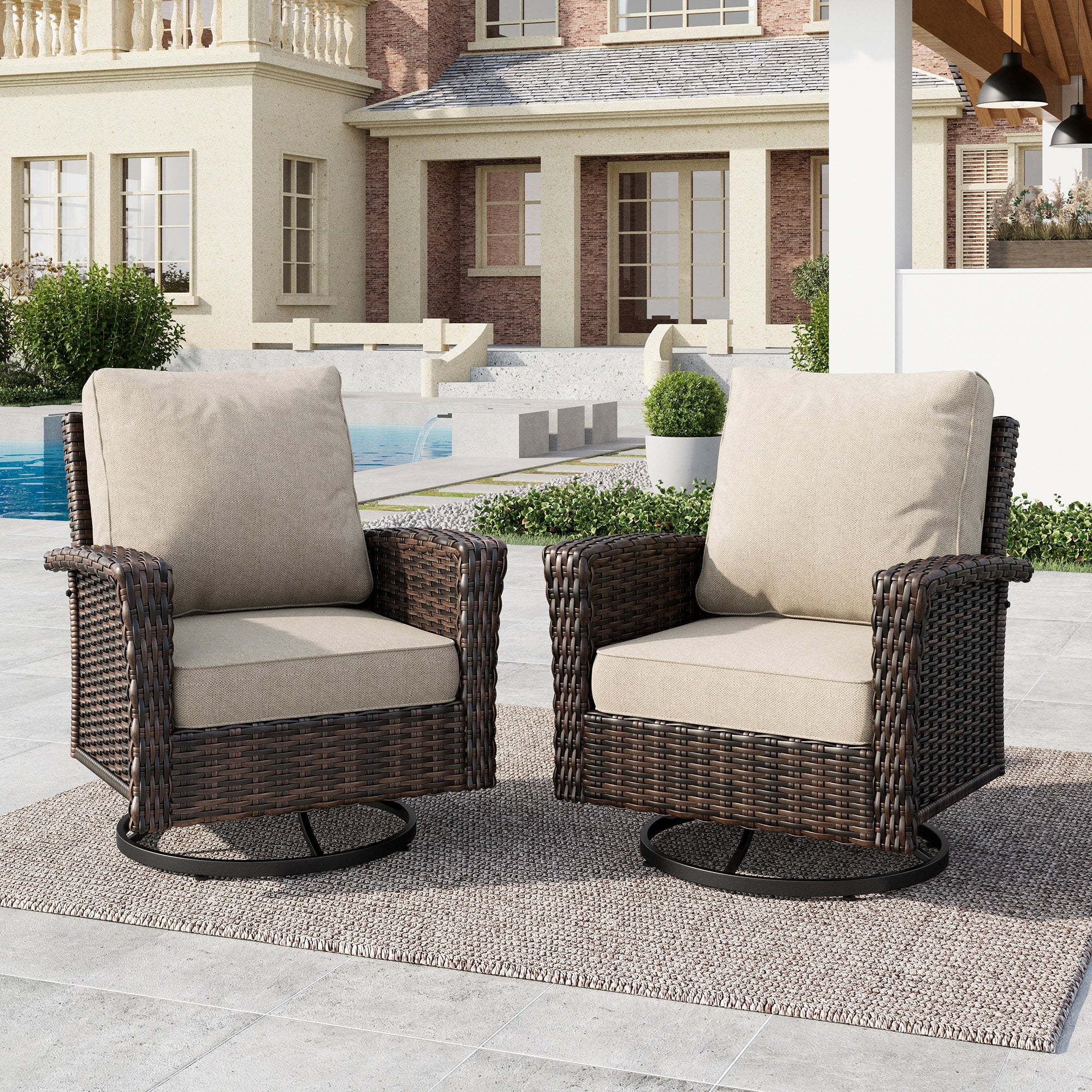 MF Studio 2-Piece Outdoor Swivel Patio Club Chairs with Cushions and High Backrests (Beige, 35 in) jvzjw