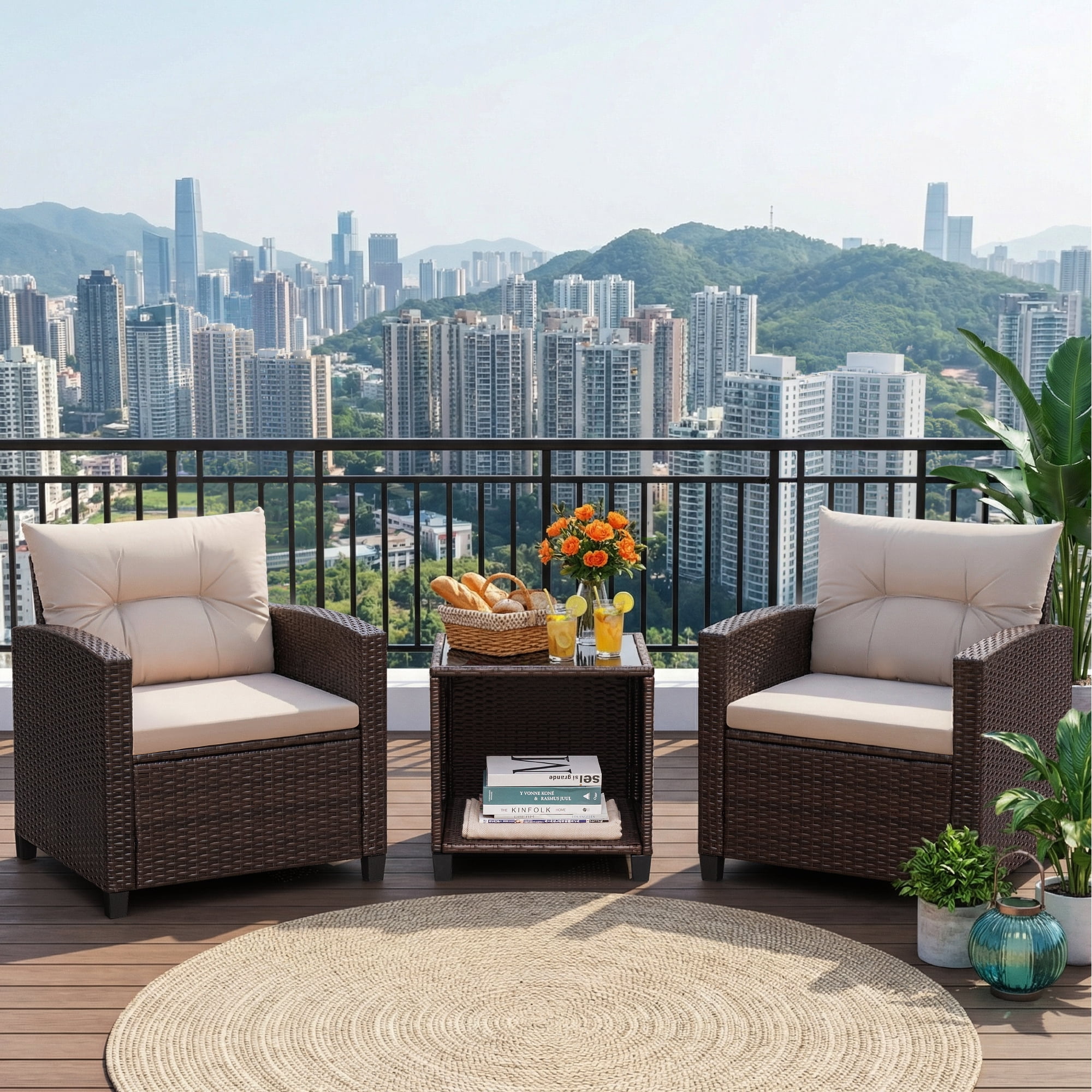 Homall 3-Piece Patio Furniture Set, Outdoor Rattan Bistro Chairs with Cushions and Coffee Table (Beige) 7jzjh