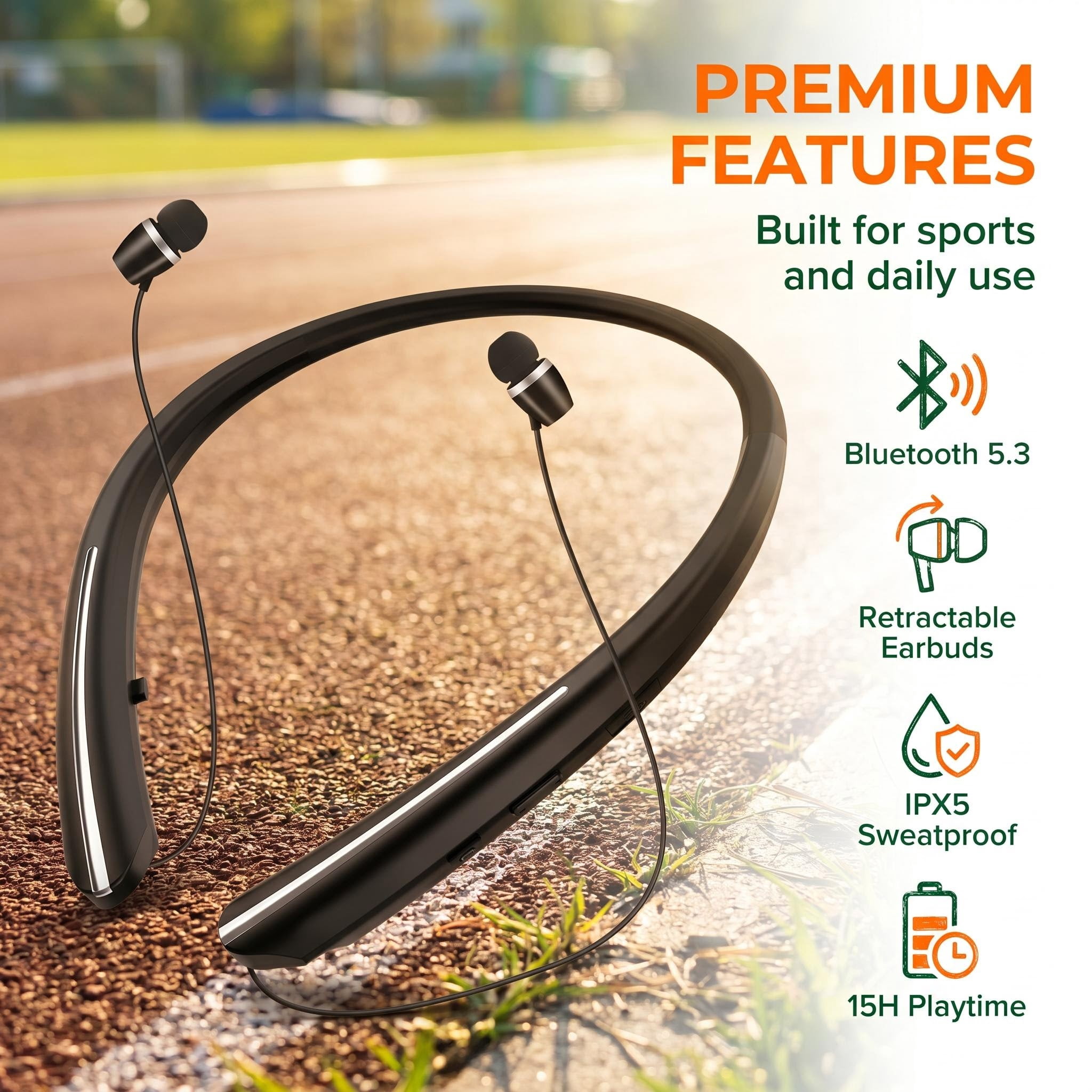 Leebein Neckband Bluetooth Headphones, Wireless Retractable Earphones with Noise Cancelling Microphone (Black, 1 Pack) lb6hr