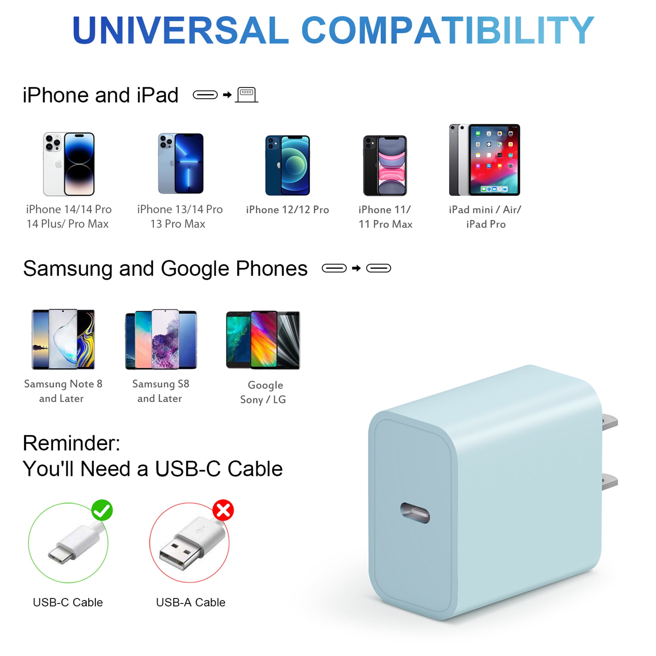 Coreykin 20W USB-C Wall Charger and 6 ft Cable Set (2 Pack, Blue) 1n0s0