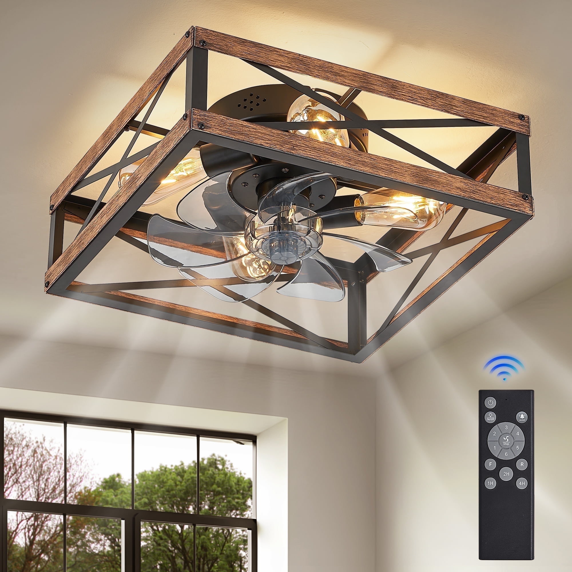 Zardon 16 in Low Profile Caged Ceiling Fan with Light and Remote Control (Brown Wood, 20 in) 7ewbv