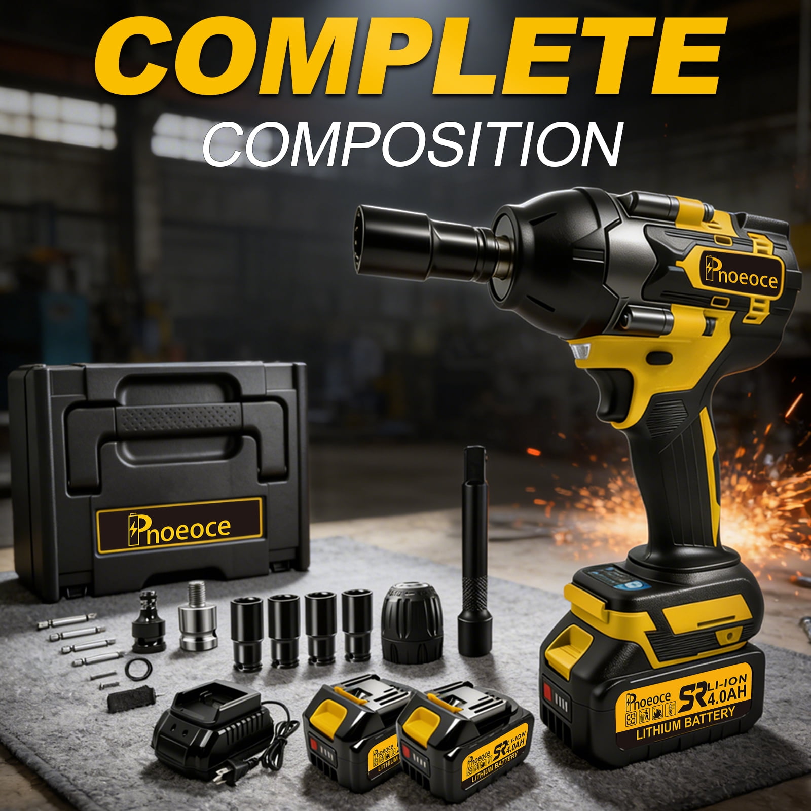 Pnoeoce Brushless Cordless Impact Wrench 20V High Torque 1/2 Inch Drive Power Tool Kit (Yellow, 2 Batteries and 4 Sockets) hq2x8