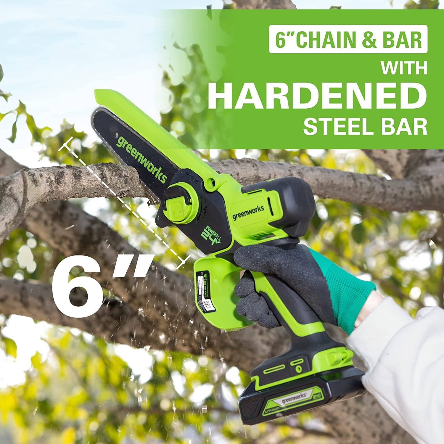 Greenworks 24V 6 in Brushless Cordless Pruner Chain Saw with 2.0Ah Battery and Charger (Green, 3.4 lb) icrxw