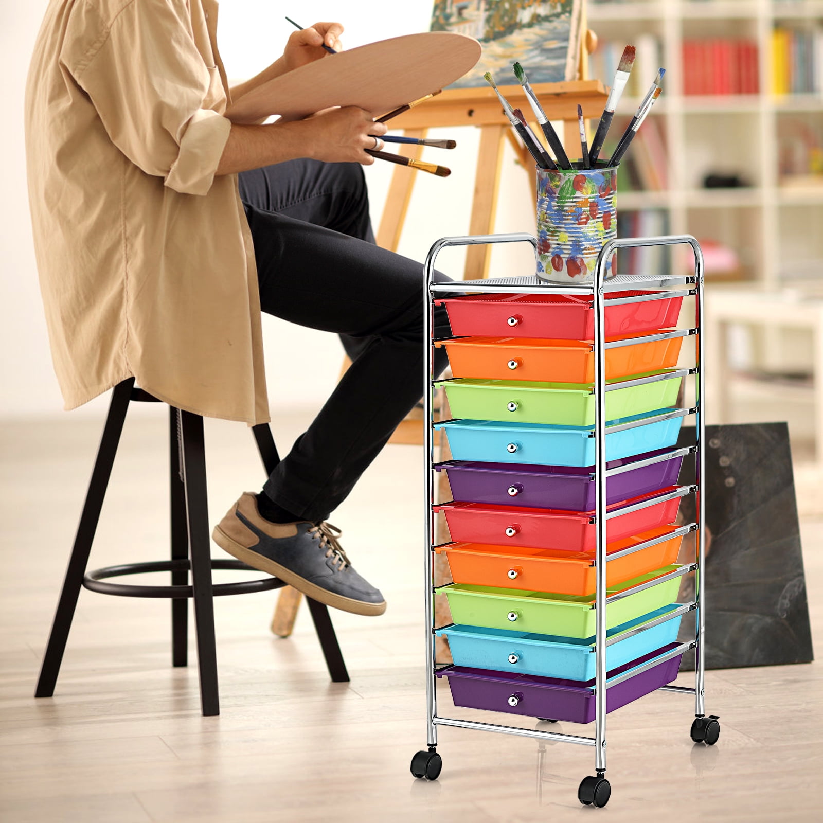 Costway Rolling Storage Cart with 10 Drawers, Mobile Organizer for Office and School (Multicolor, 38 in x 15 in x 13 in) 2wfoq