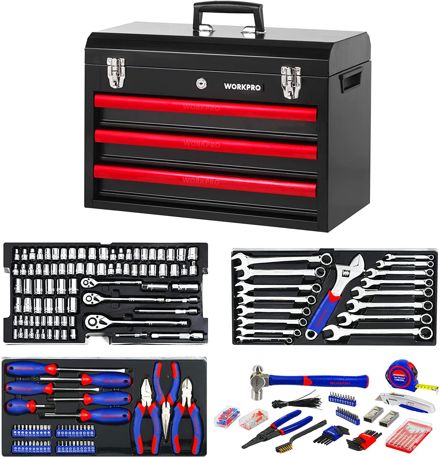 WORKPRO 408-Piece Mechanics Tool Set, Heavy-Duty Household Repair Kit with 3-Drawer Metal Storage Box (408-Piece) 8ornf