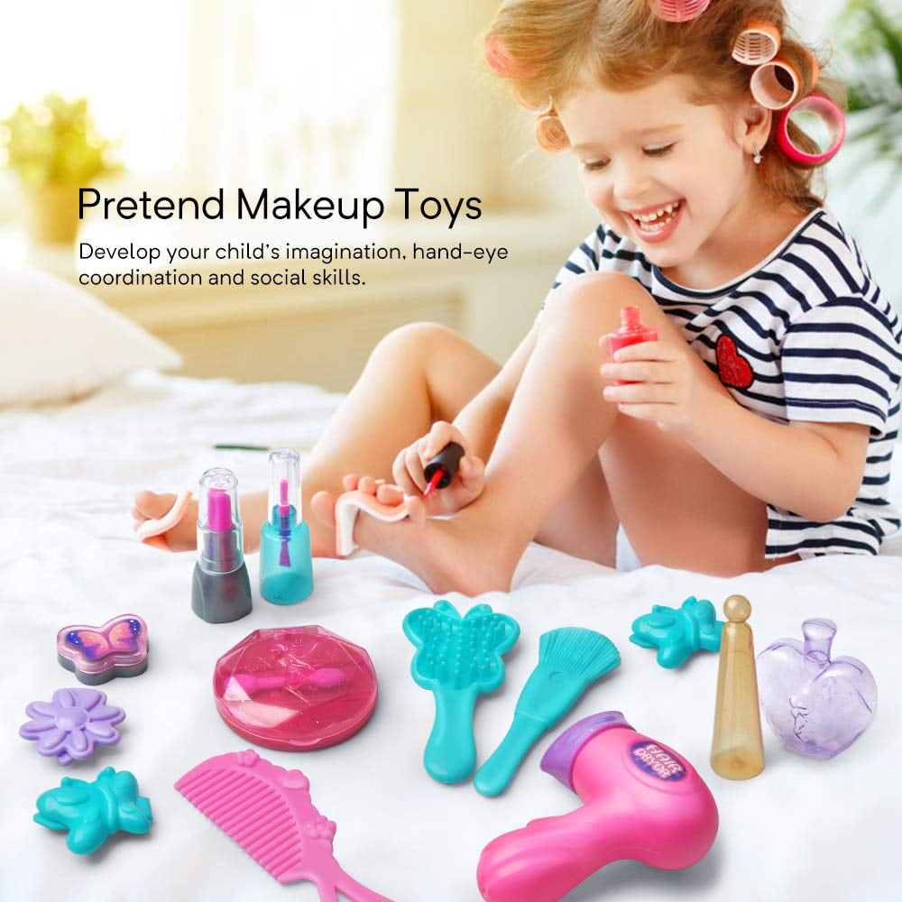 GLUAAE Pretend Play Makeup Set for Kids, Princess Beauty Salon Activity Kit with Portable Backpack (21 Pieces, 9.4 in x 7 in x 3.5 in) ag7a8