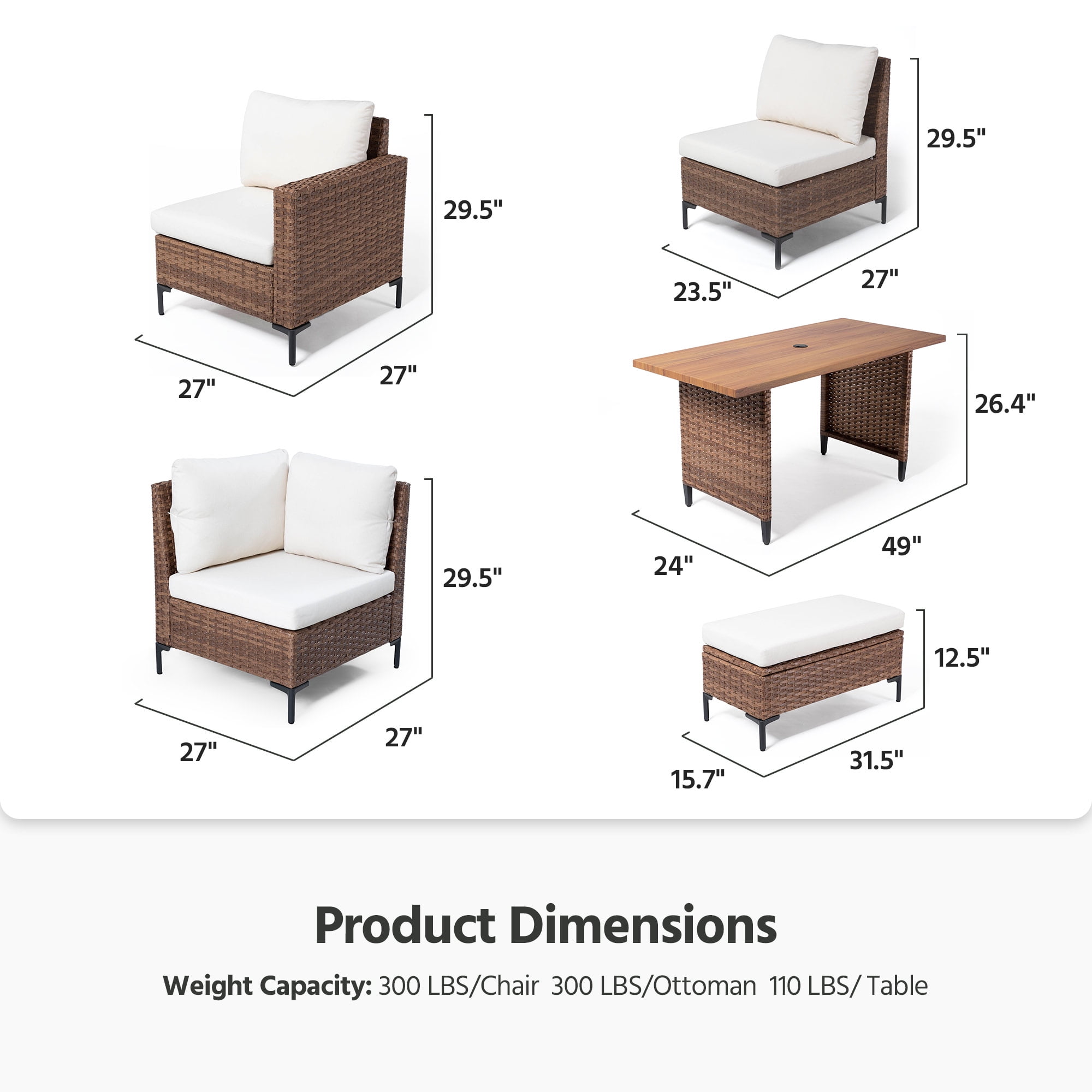 Lausaint Home 8-Piece Patio Furniture Set, Outdoor Wicker Conversation Set with Adjustable Backrest and Storage Ottoman (Beige, 8-Piece) ba36w