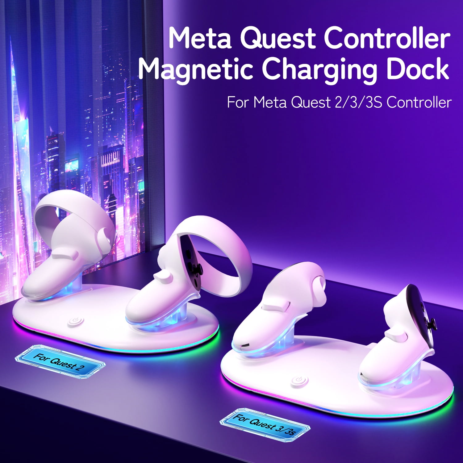 Prociv Magnetic Wireless Charging Dock for Meta Quest 3S/3/2 Controllers (White, 2 Rechargeable Batteries) rb2rr