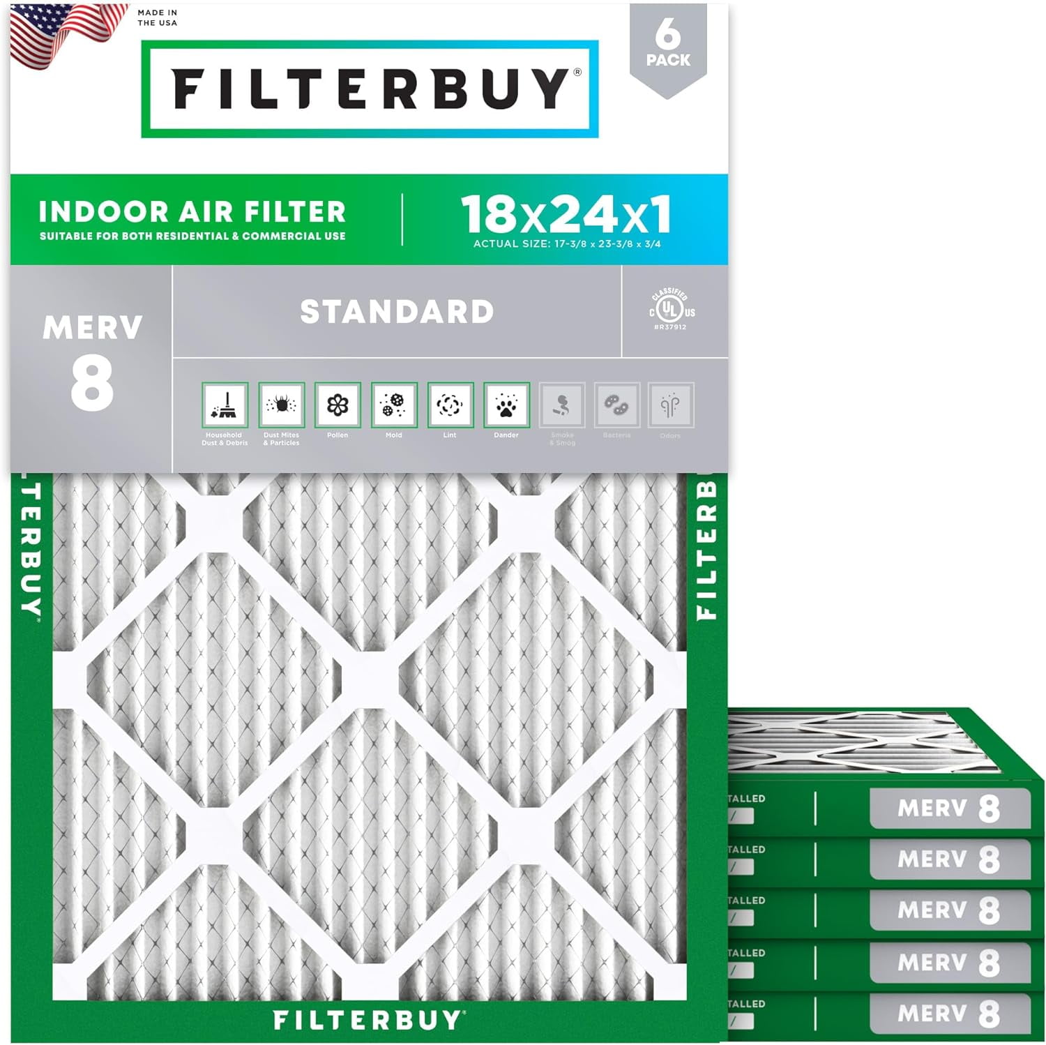 Filterbuy 18x24x1 MERV 8 Pleated HVAC AC Furnace Air Filter (White, 6-Pack) scmn4
