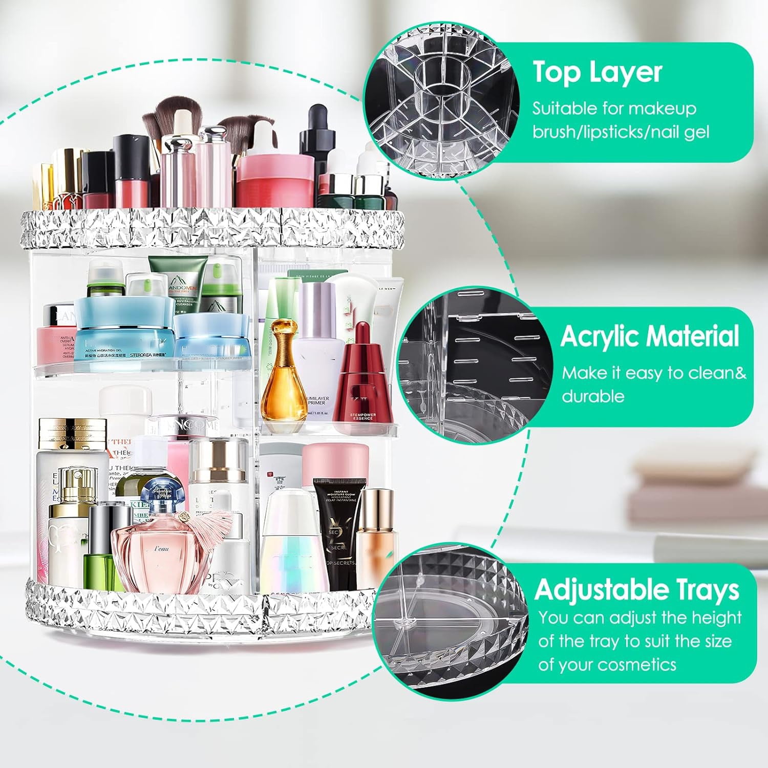 RIFESHOW 360 Rotating Makeup Organizer, Adjustable Large Capacity Cosmetic Display Case (Clear, 12 in x 9 in) 6wdbv