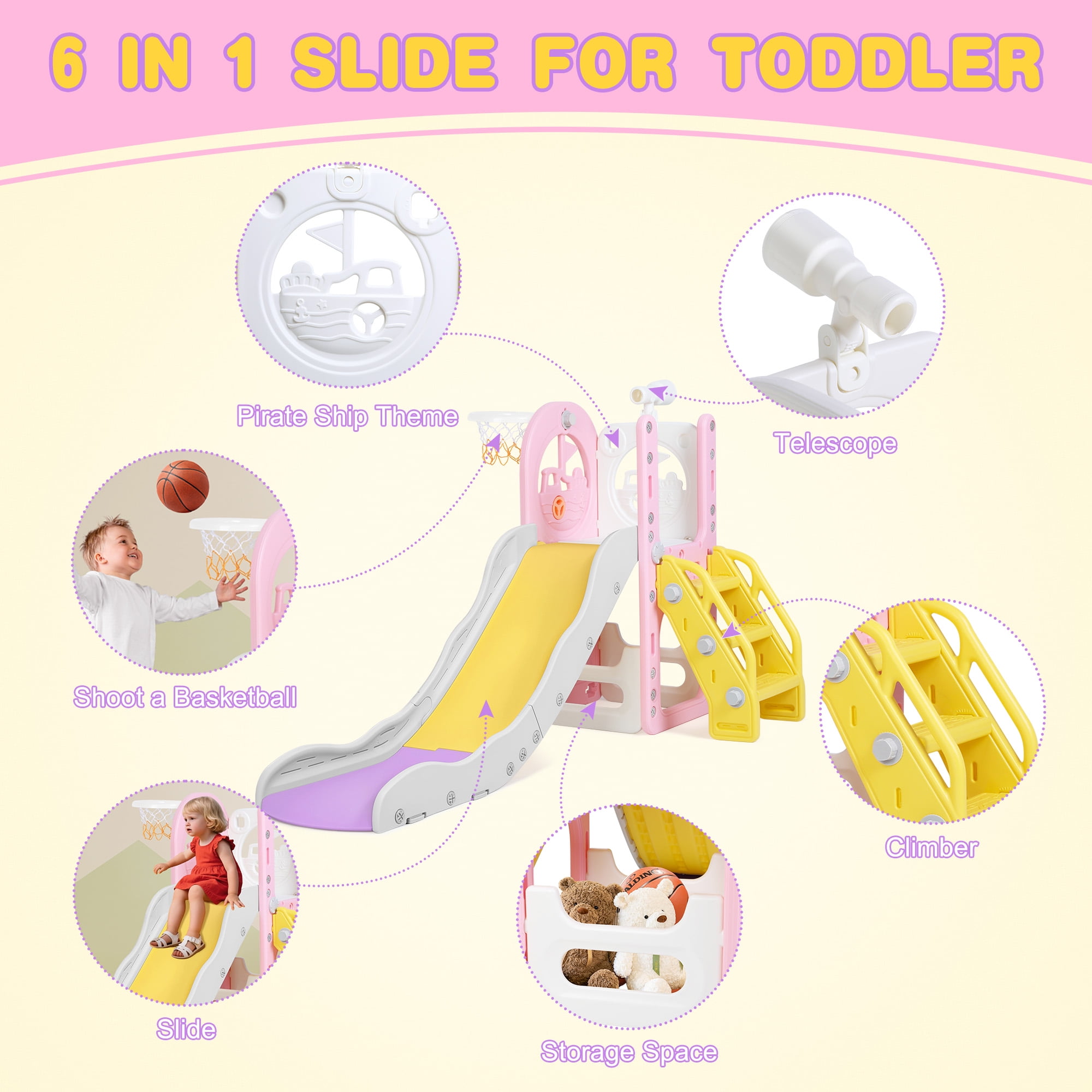 Zimeng 6-in-1 Toddler Slide and Climber Playset, Indoor Outdoor Activity Center with Basketball Hoop and Storage (Pink, 59 in x 27 in x 33 in) tmhu2