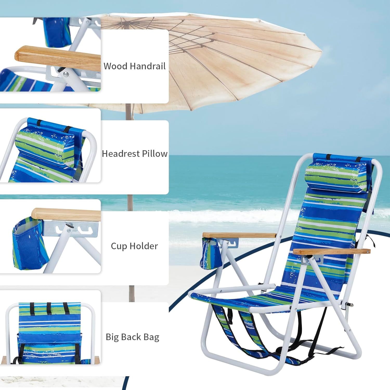 LiteHaven Folding Beach Chair with Adjustable Headrest and 4-Position Tilt (Blue, 24 in x 22 in x 32 in) ohw1p