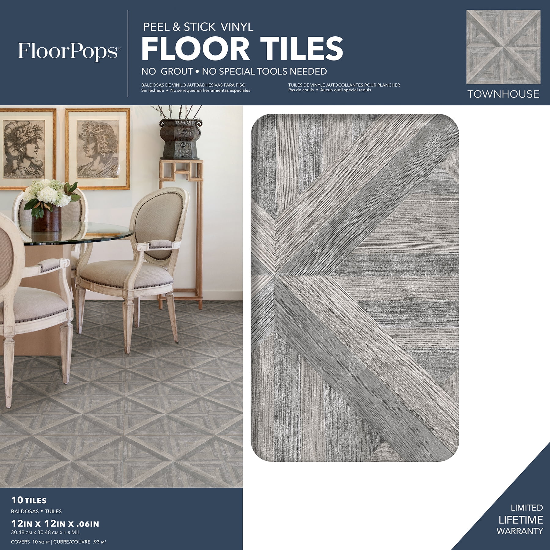 FloorPops Townhouse Peel and Stick Vinyl Floor Tiles (Grey, 10-Pack, 10 sq ft) fhse1