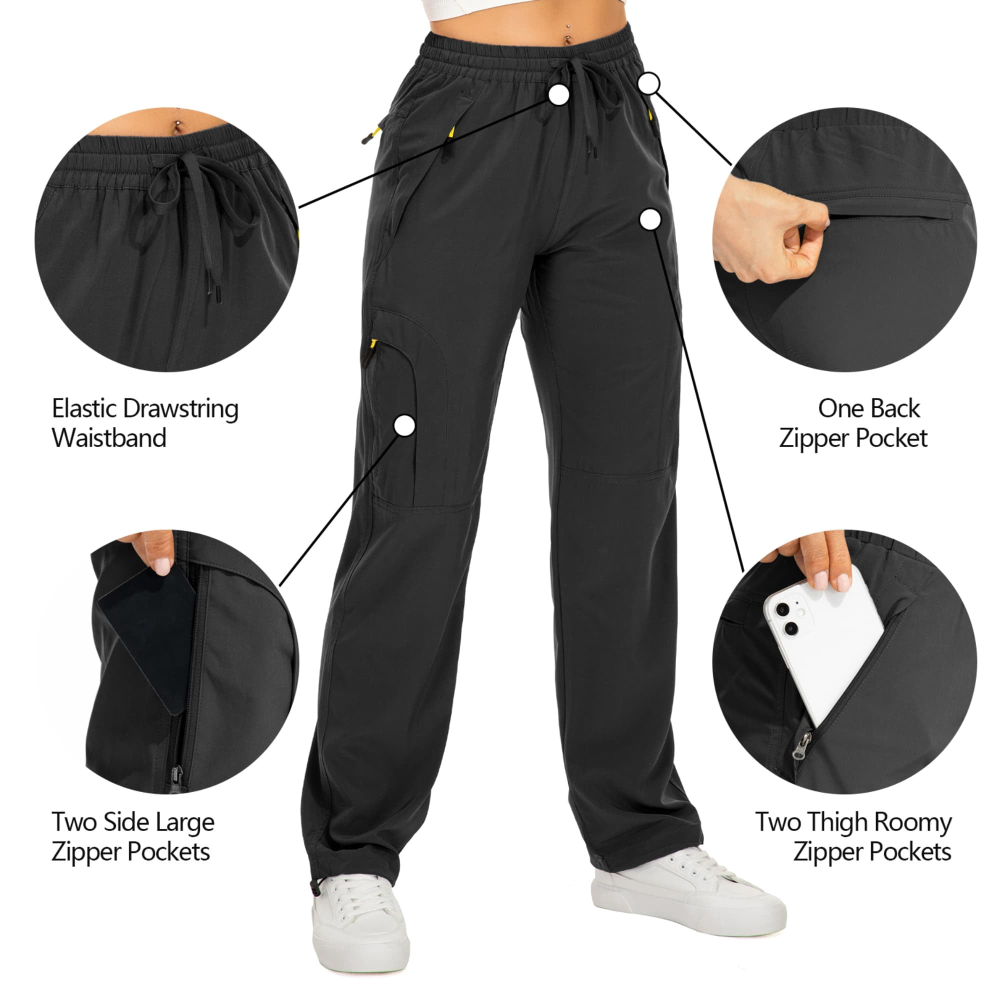 FEN AI Women's Cargo Hiking Pants Quick Dry Lightweight Water-Resistant Outdoor Trousers with Deep Pockets (Black, L) 20p23