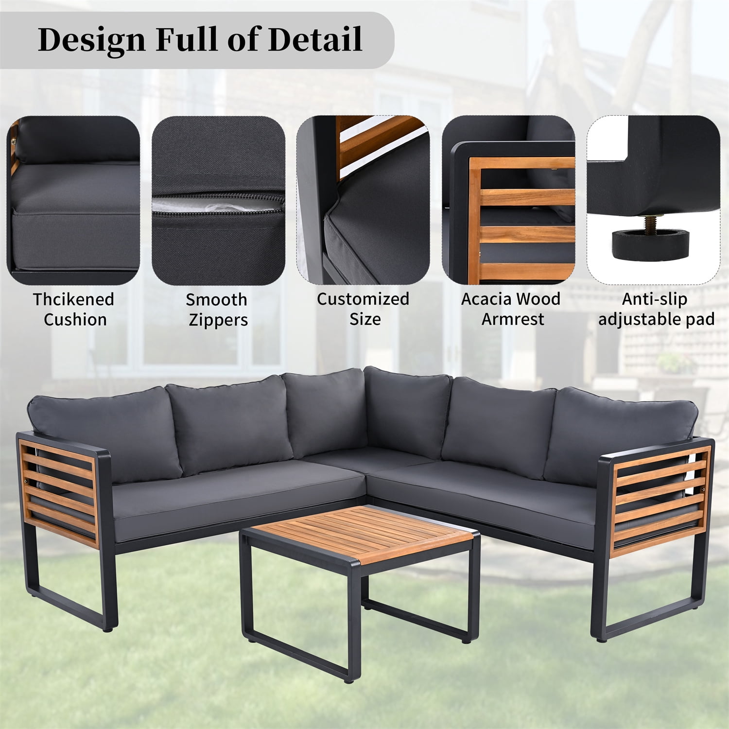 YIORTWO 4-Piece Outdoor Patio Furniture Set, L-Shaped Sectional Sofa with Gray Cushions and Acacia Wood Coffee Table (Black Metal Frame, 4-Piece Set) tm9zi