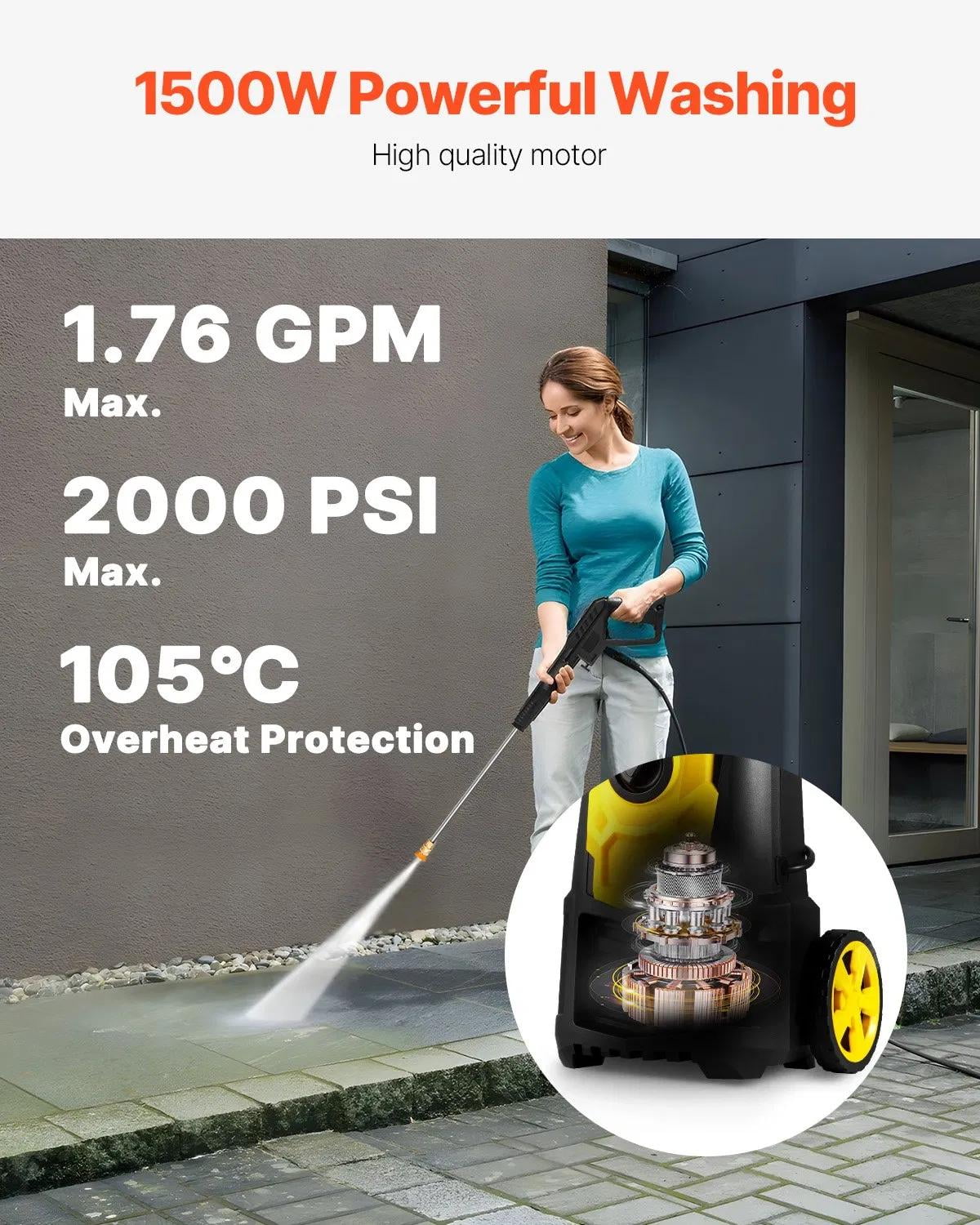 Generic Electric Pressure Washer, 2000 PSI Power Washer with 30 ft Hose and 5 Quick Connect Nozzles (Black, 2000 PSI) mhd2p