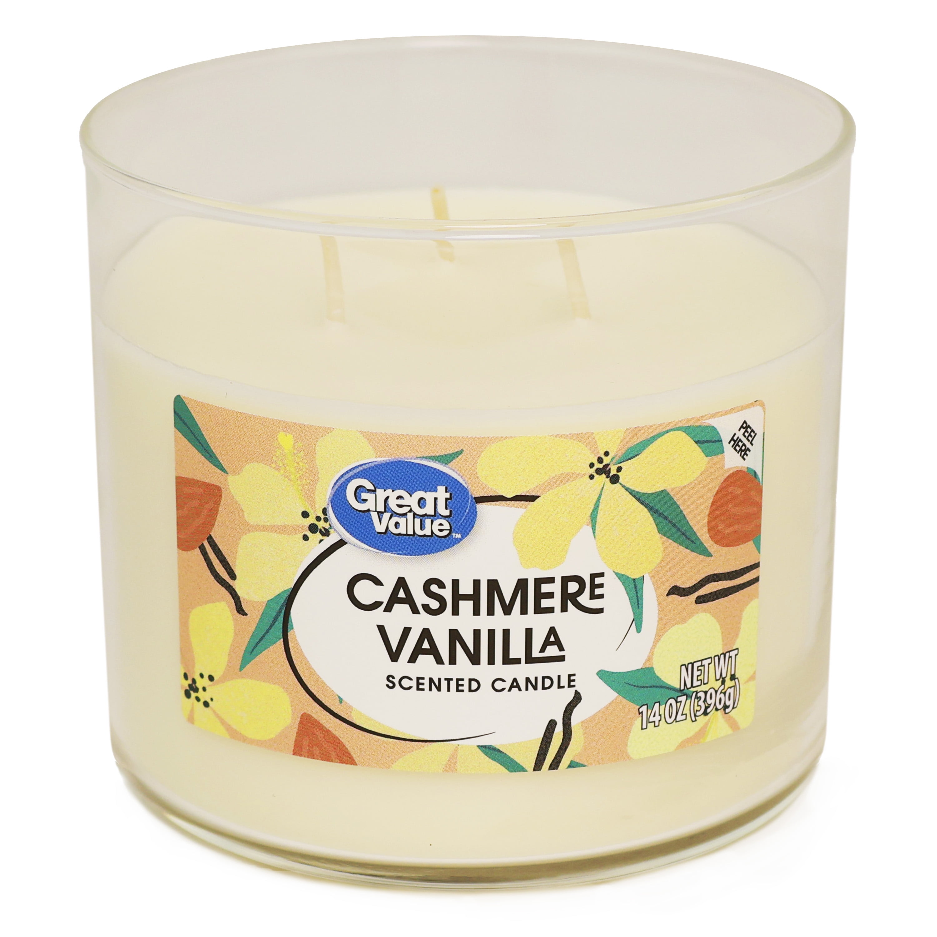 Great Value Cashmere Vanilla Scented Candle, 3-Wick Soy-Blend Wax, Long-Lasting Fragrance (White, 4 Pack, 14.5 oz) 03aue