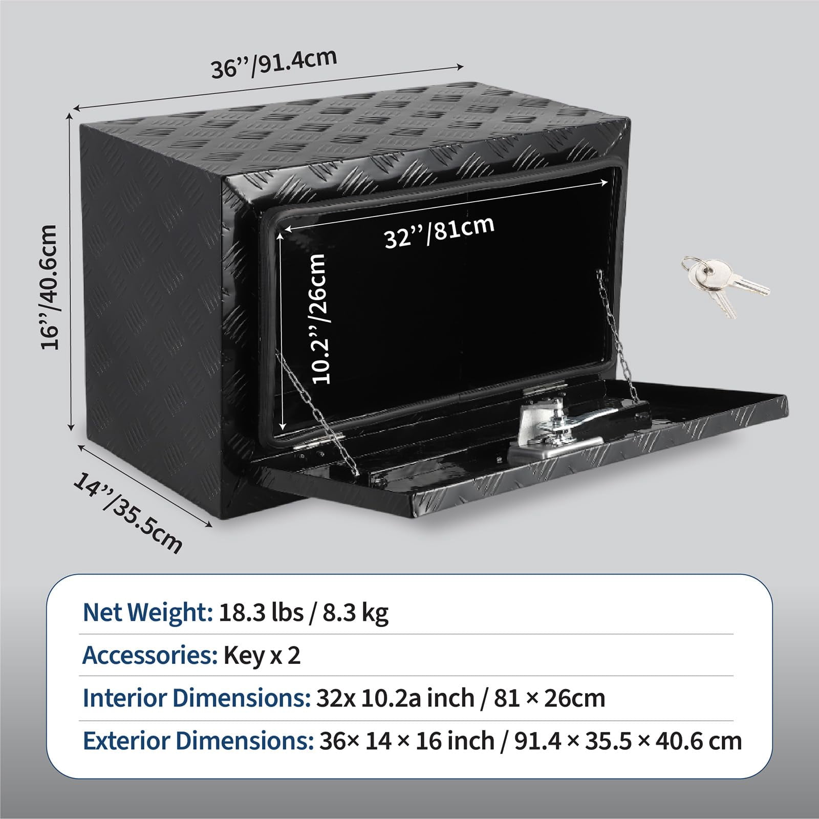 JustSmart Heavy Duty Aluminum Underbody Truck Tool Box, Waterproof Storage with Lockable T-Handle (Glossy Black, 36 in) hr3g4