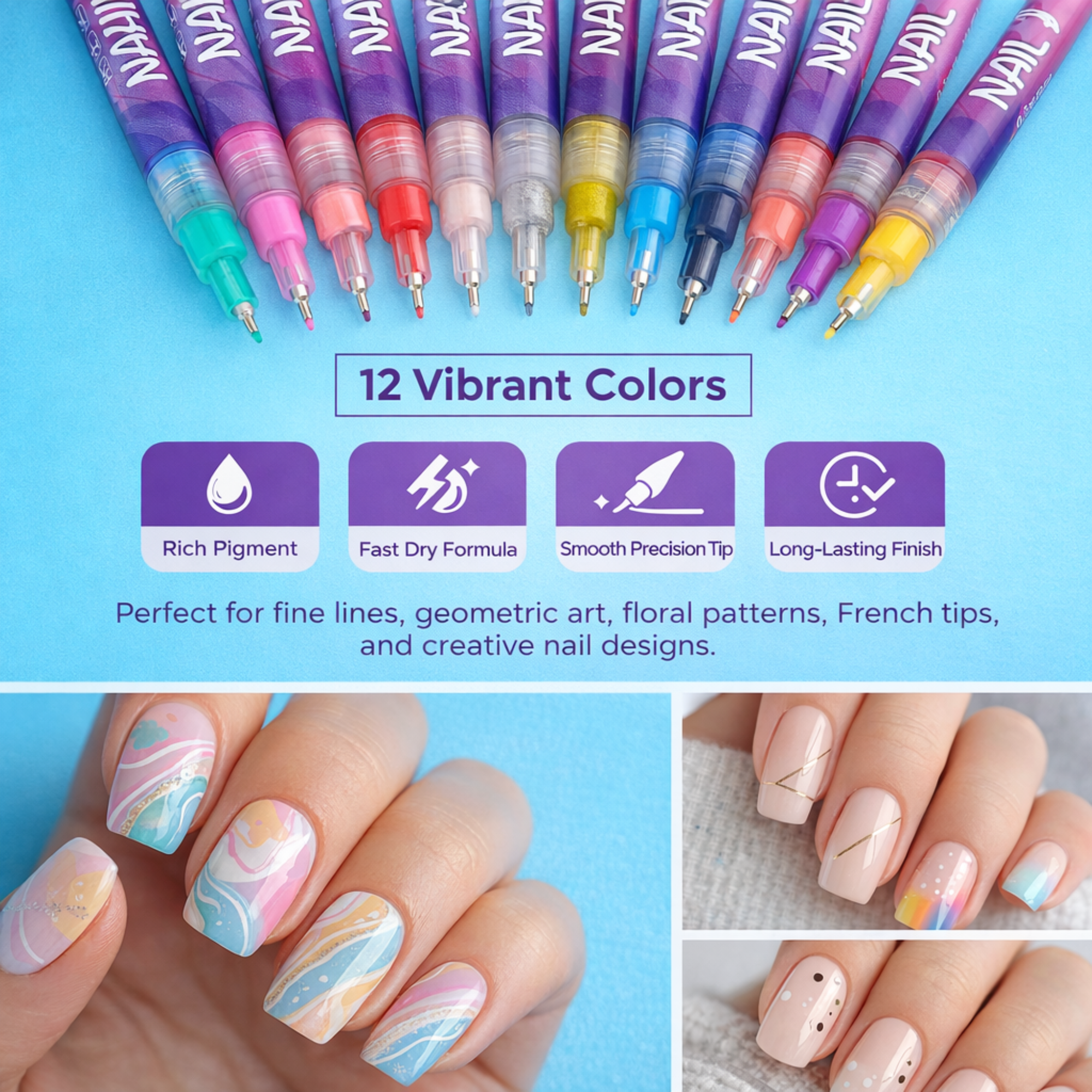 Herbiar 3D Nail Art Pen Set (12 Colors, 0.5mm Fine Tip) Waterproof DIY Manicure Design Markers k734u