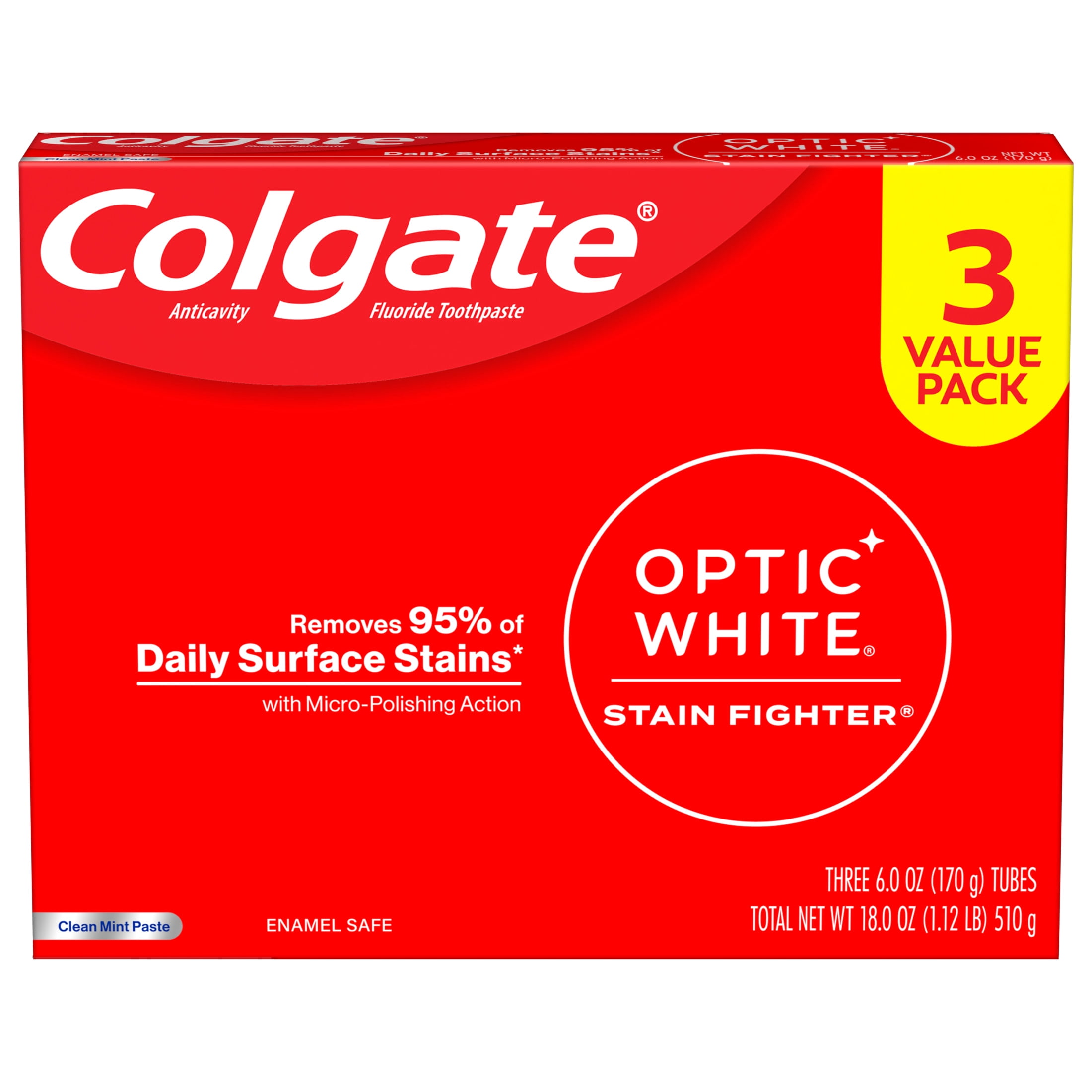 Colgate Optic White Stain Fighter Whitening Toothpaste, Clean Mint (White, 3 Pack of 6 oz) rmawf