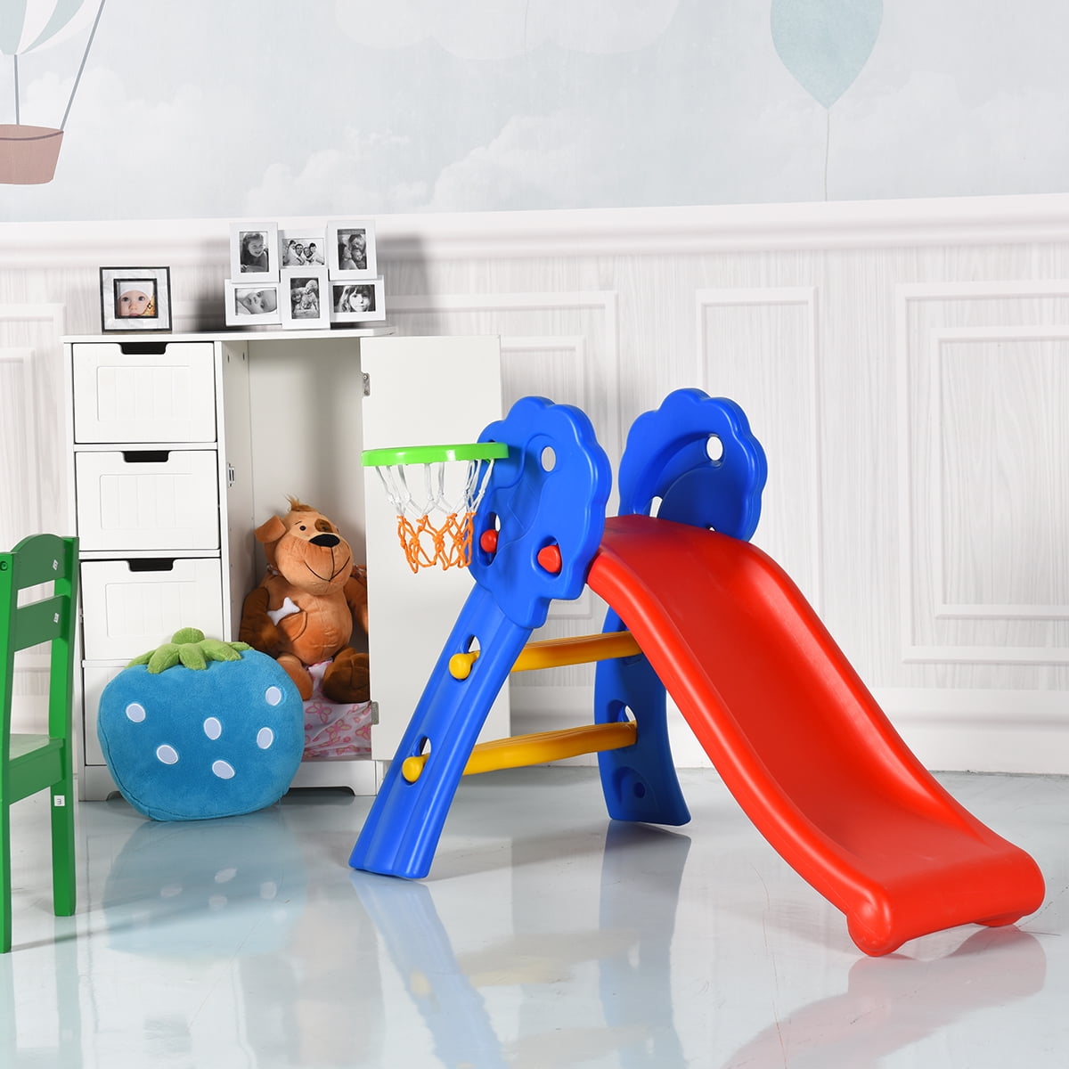 INFANS 2-Step Folding Slide with Basketball Hoop for Kids Indoor and Outdoor Play (Red) 39kw0