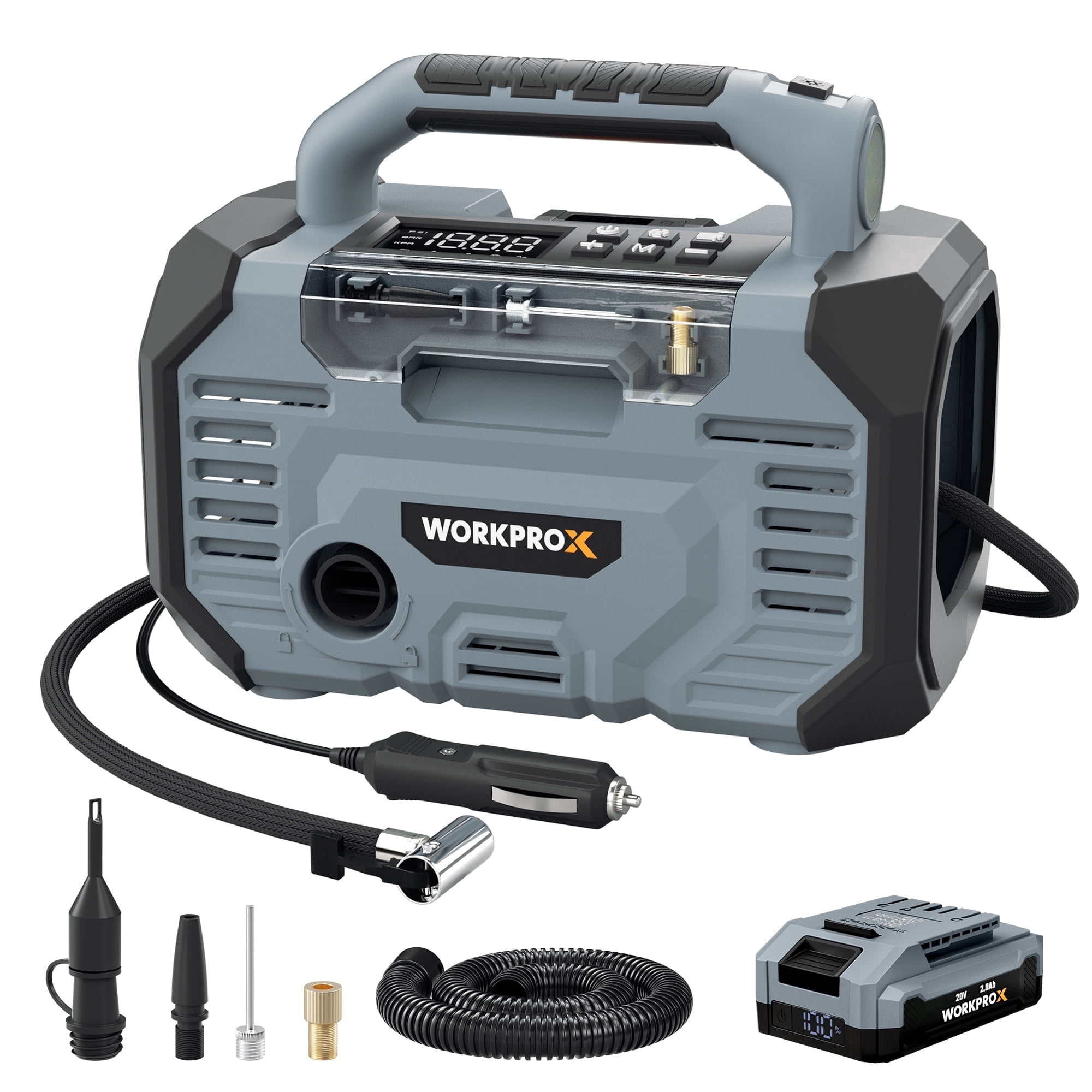 WORKPROX Portable Tire Inflator Air Compressor (150 PSI, 20V Battery & 12V DC Power, Grey, 1 Pack) 3esrz