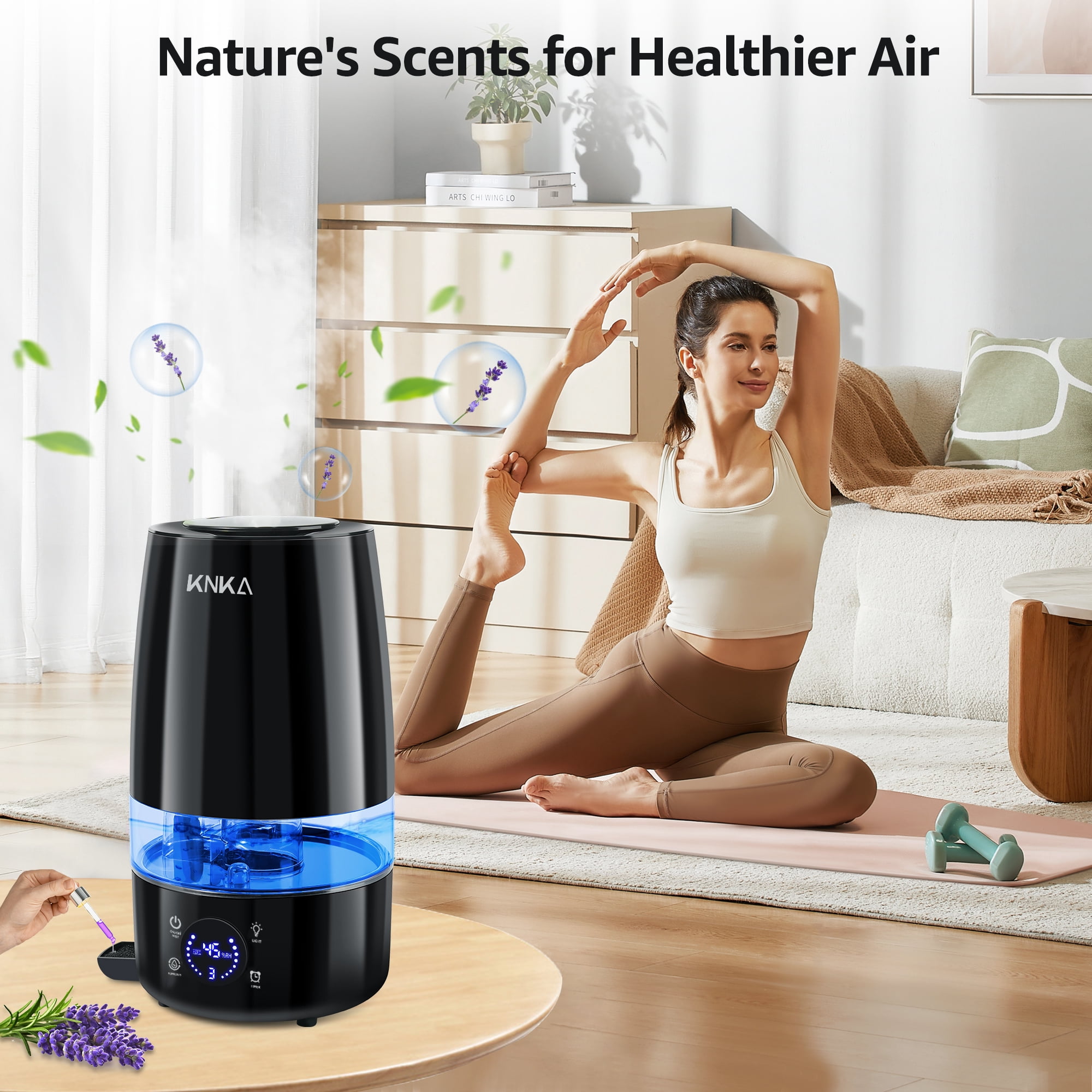 KNKA Ultrasonic Humidifier for Large Rooms, Essential Oil Diffuser with Auto Humidity Control (Black, 1.19 gal) u3yq2